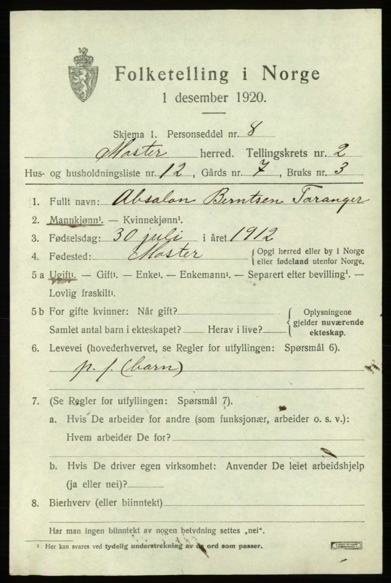 SAB, 1920 census for Moster, 1920, p. 945