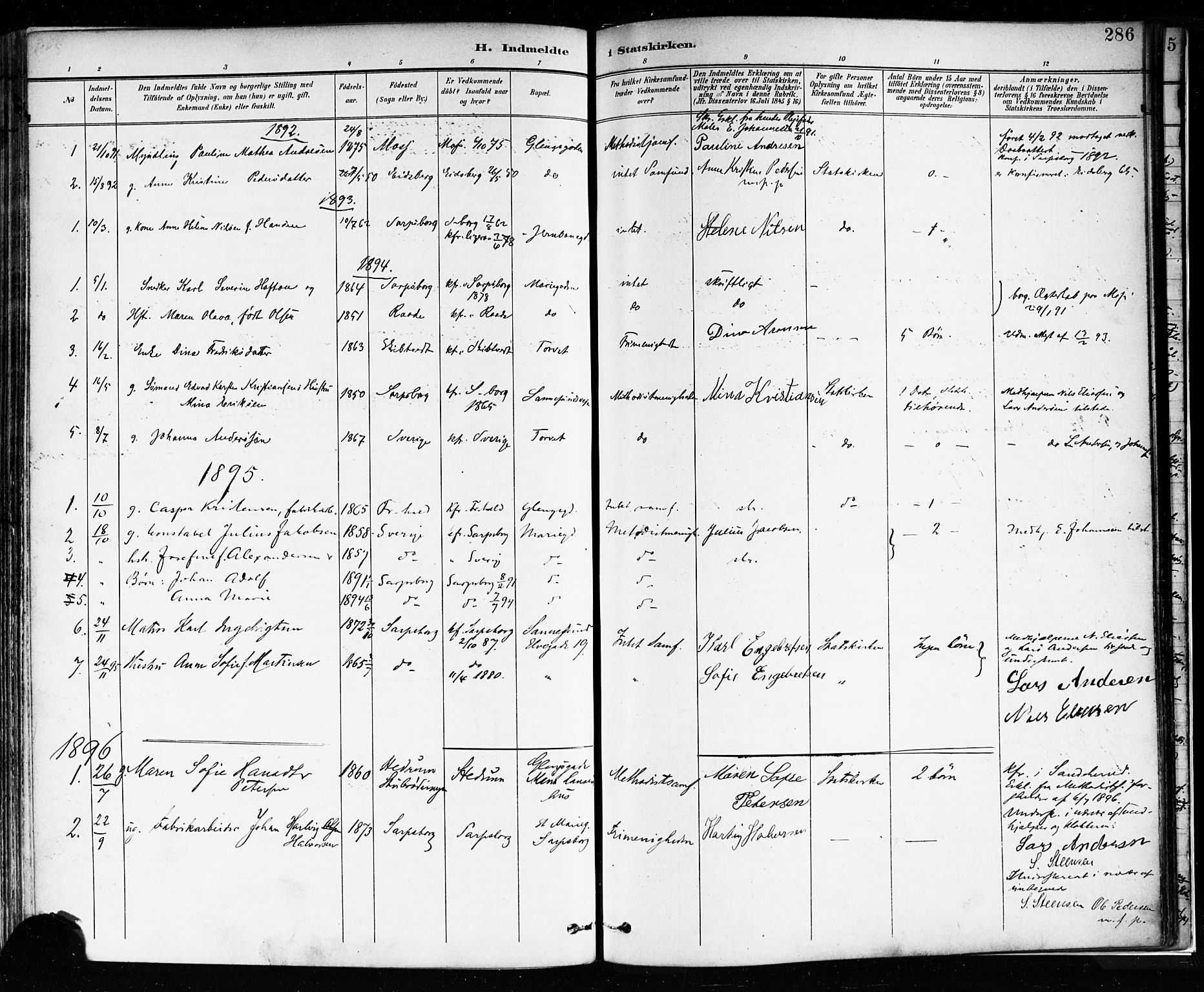 Sarpsborg prestekontor Kirkebøker, AV/SAO-A-2006/F/Fa/L0004: Parish register (official) no. 4, 1892-1899, p. 286