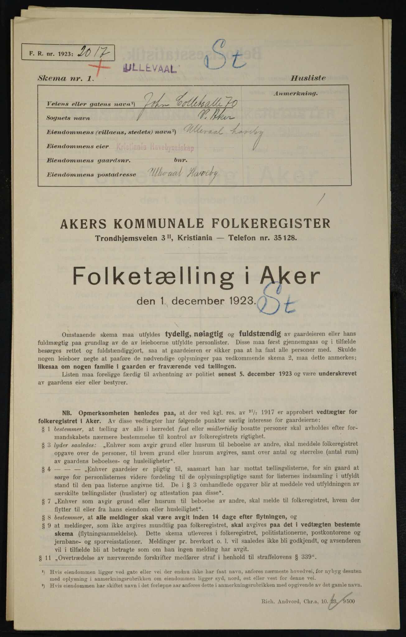 , Municipal Census 1923 for Aker, 1923, p. 21021