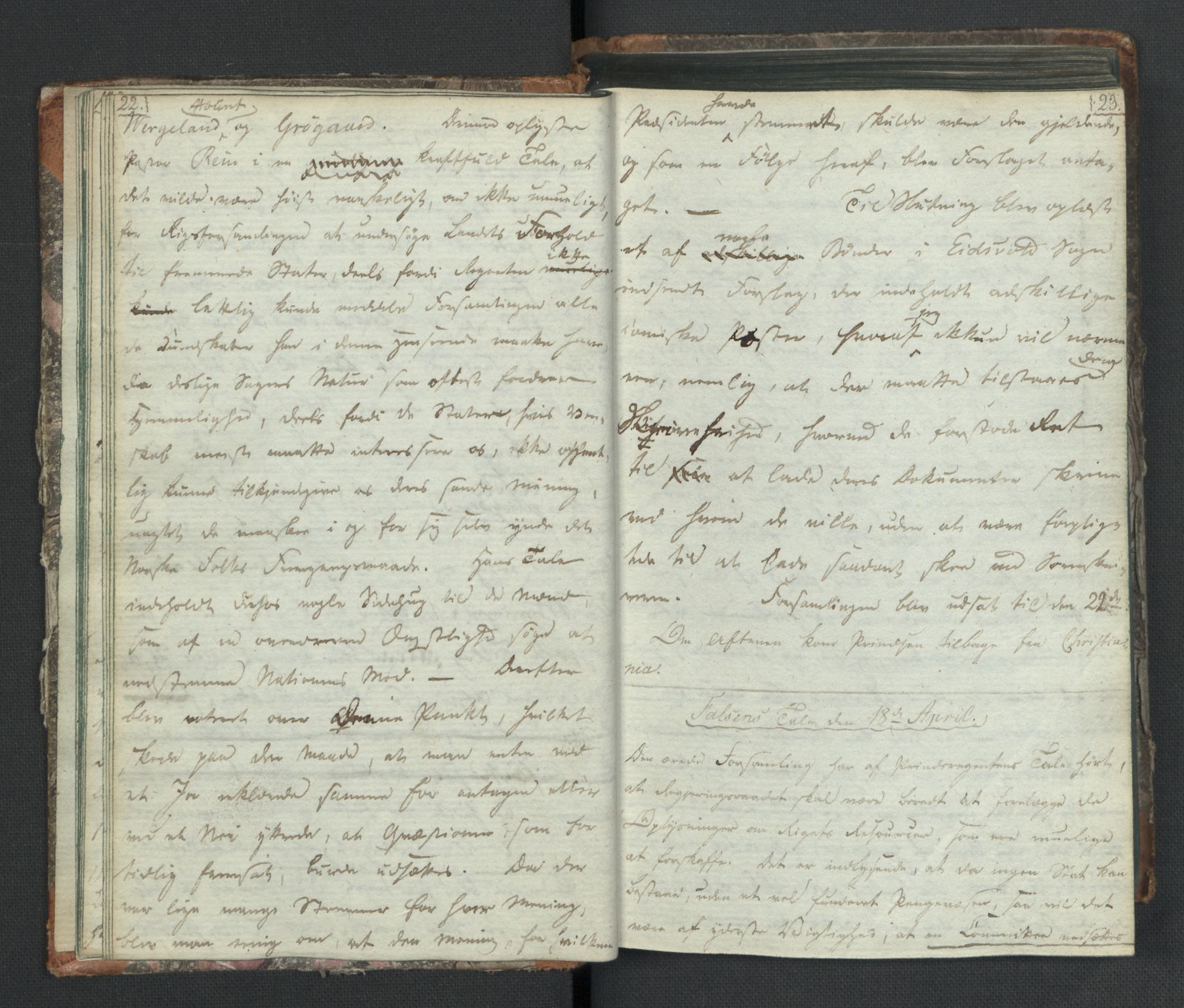 Manuskriptsamlingen, RA/EA-3667/H/L0021: Byfogd Gregers Winther Wulfbergs dagbok under Riksforsamlingen på Eidsvoll, 1814, p. 22-23