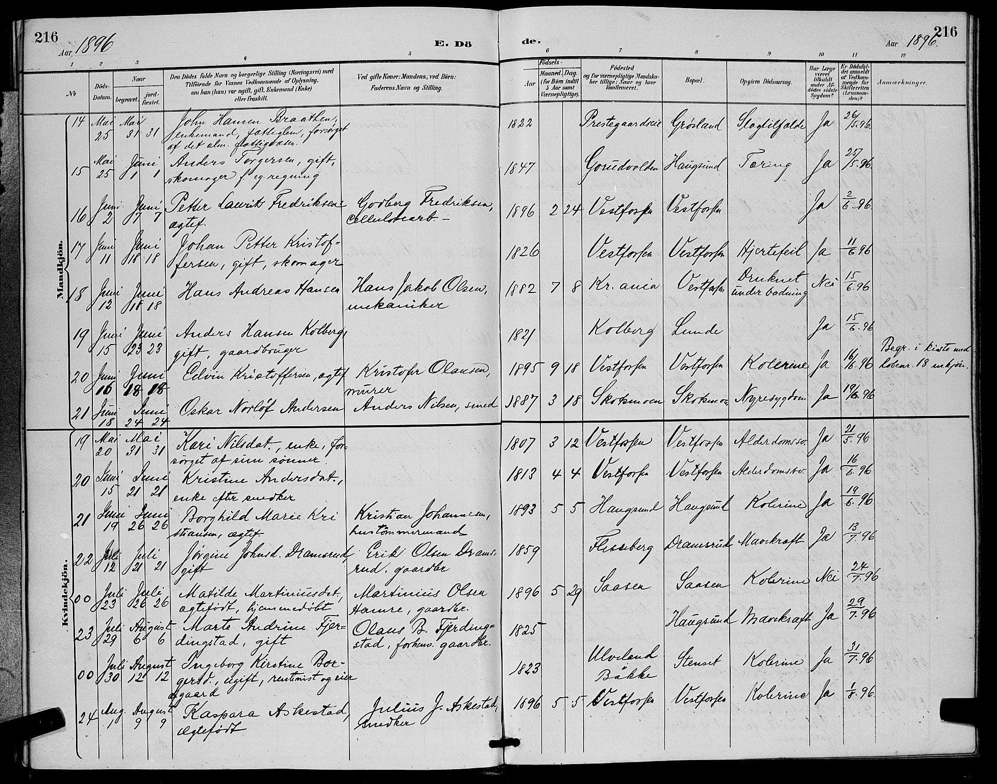 Eiker kirkebøker, AV/SAKO-A-4/G/Ga/L0007: Parish register (copy) no. I 7, 1893-1902, p. 216