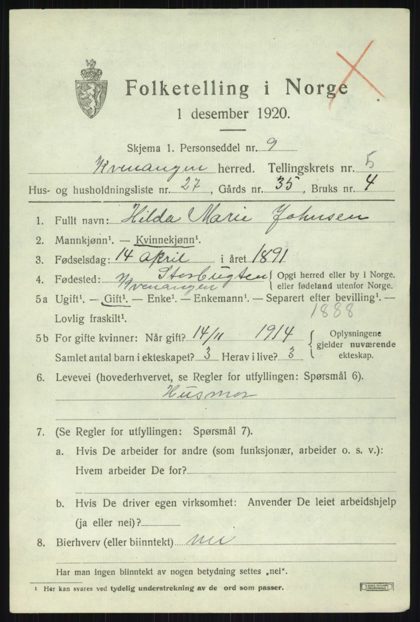 SATØ, 1920 census for Kvænangen, 1920, p. 3614