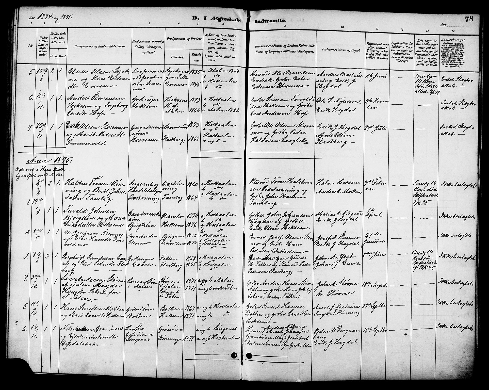 Ministerialprotokoller, klokkerbøker og fødselsregistre - Sør-Trøndelag, AV/SAT-A-1456/685/L0978: Parish register (copy) no. 685C03, 1891-1907, p. 78