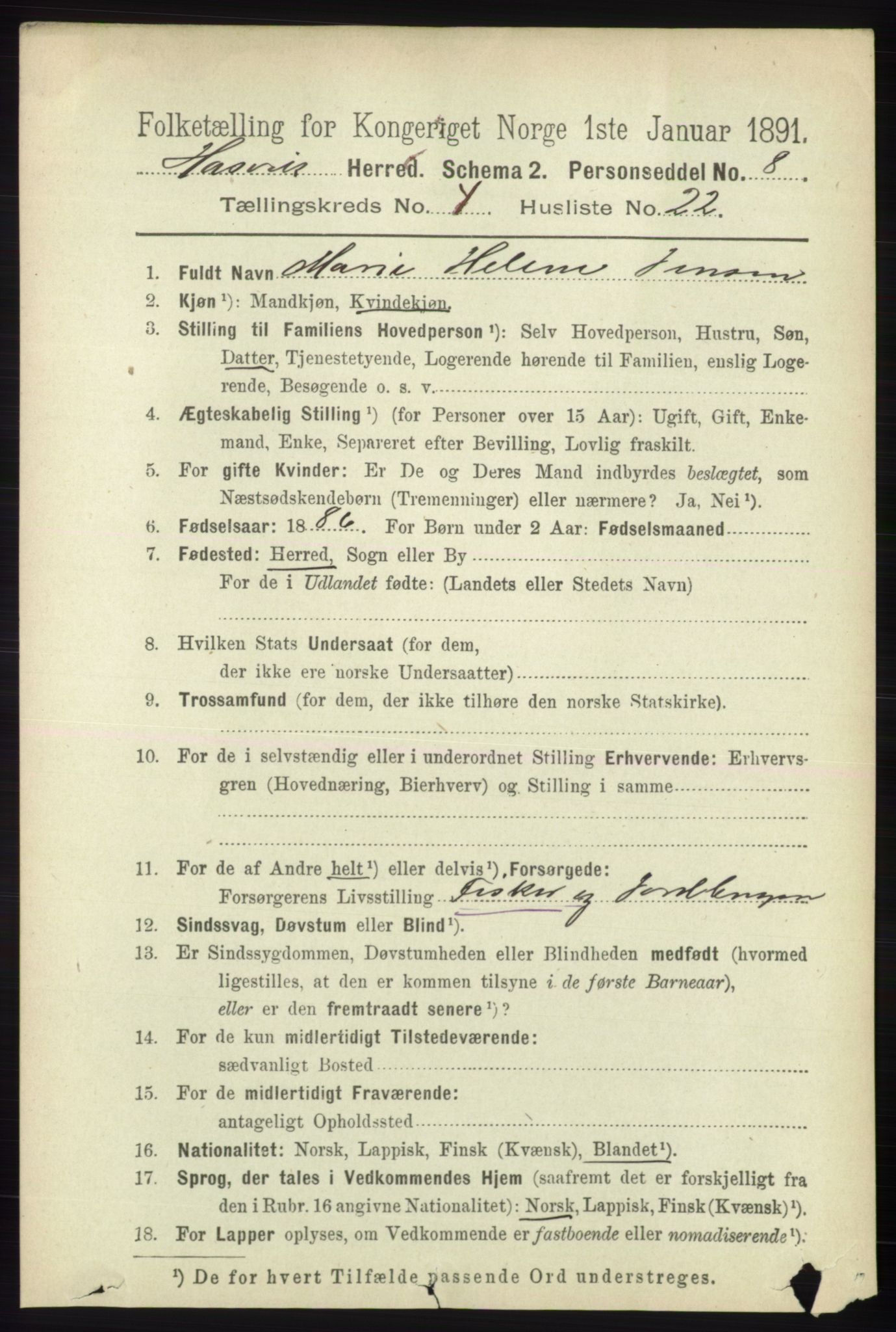 RA, 1891 census for 2015 Hasvik, 1891, p. 599