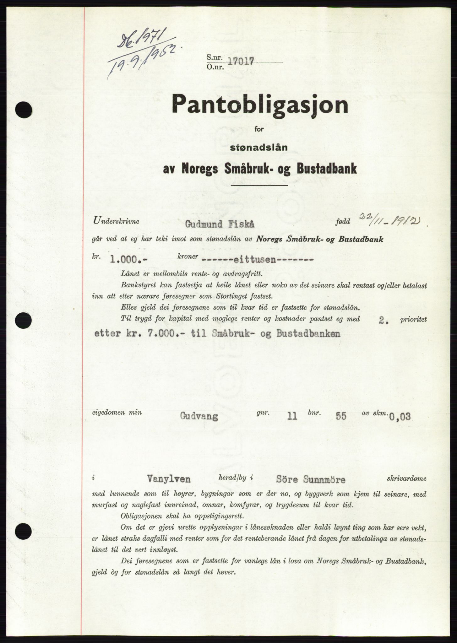 Søre Sunnmøre sorenskriveri, AV/SAT-A-4122/1/2/2C/L0122: Mortgage book no. 10B, 1952-1953, Diary no: : 1971/1952
