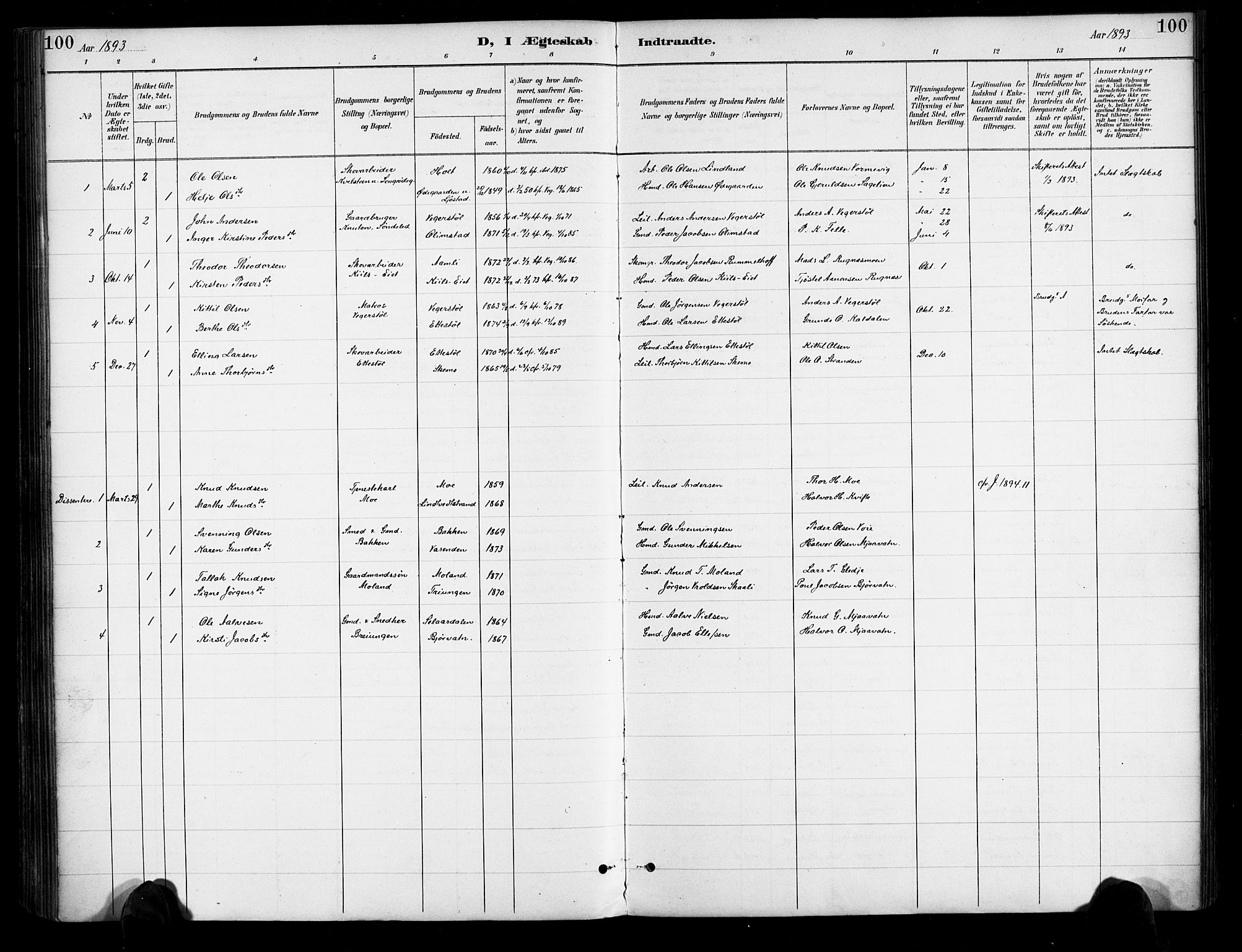 Gjerstad sokneprestkontor, AV/SAK-1111-0014/F/Fa/Fab/L0005: Parish register (official) no. A 5, 1891-1908, p. 100