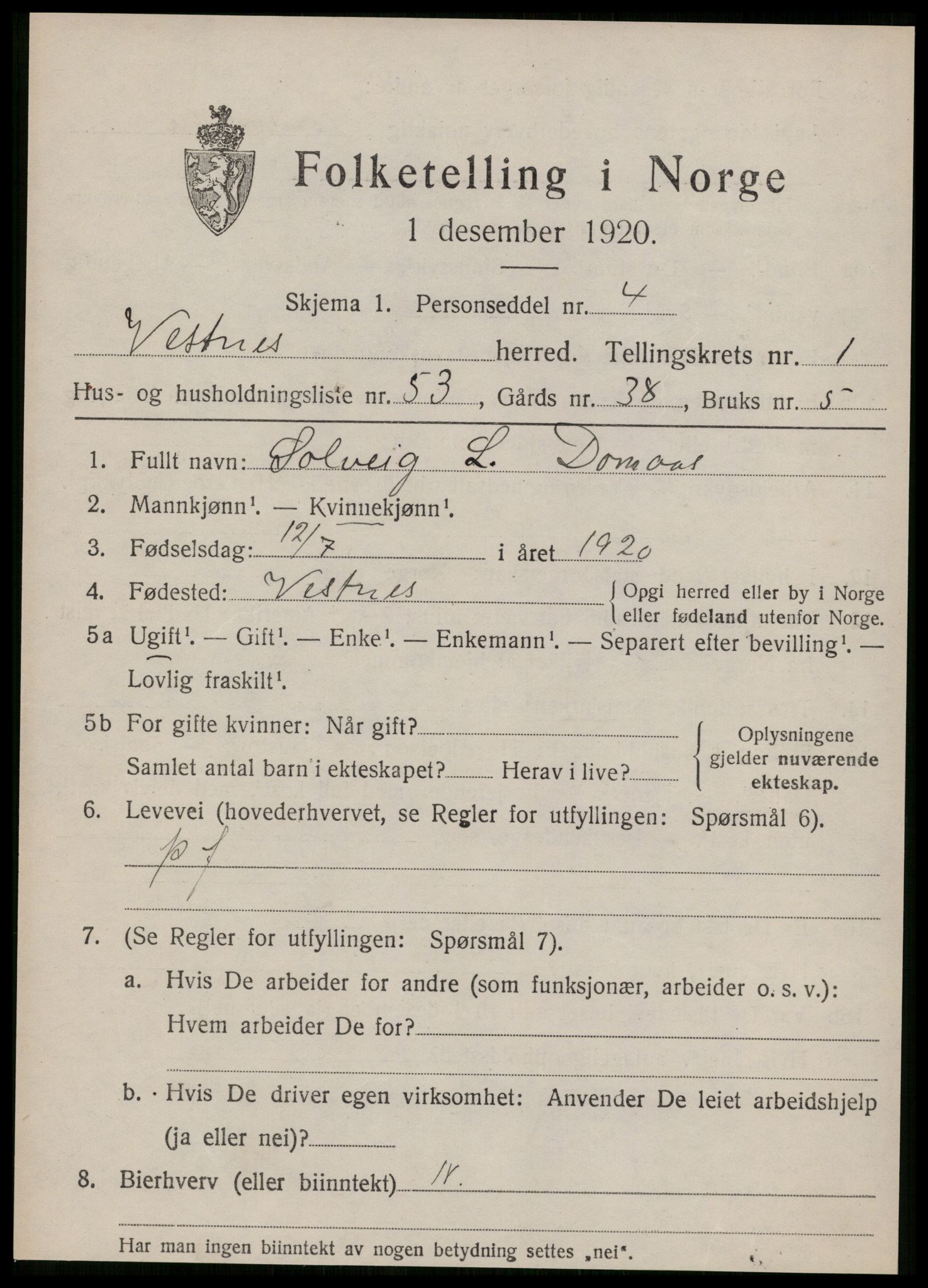SAT, 1920 census for Vestnes, 1920, p. 1851