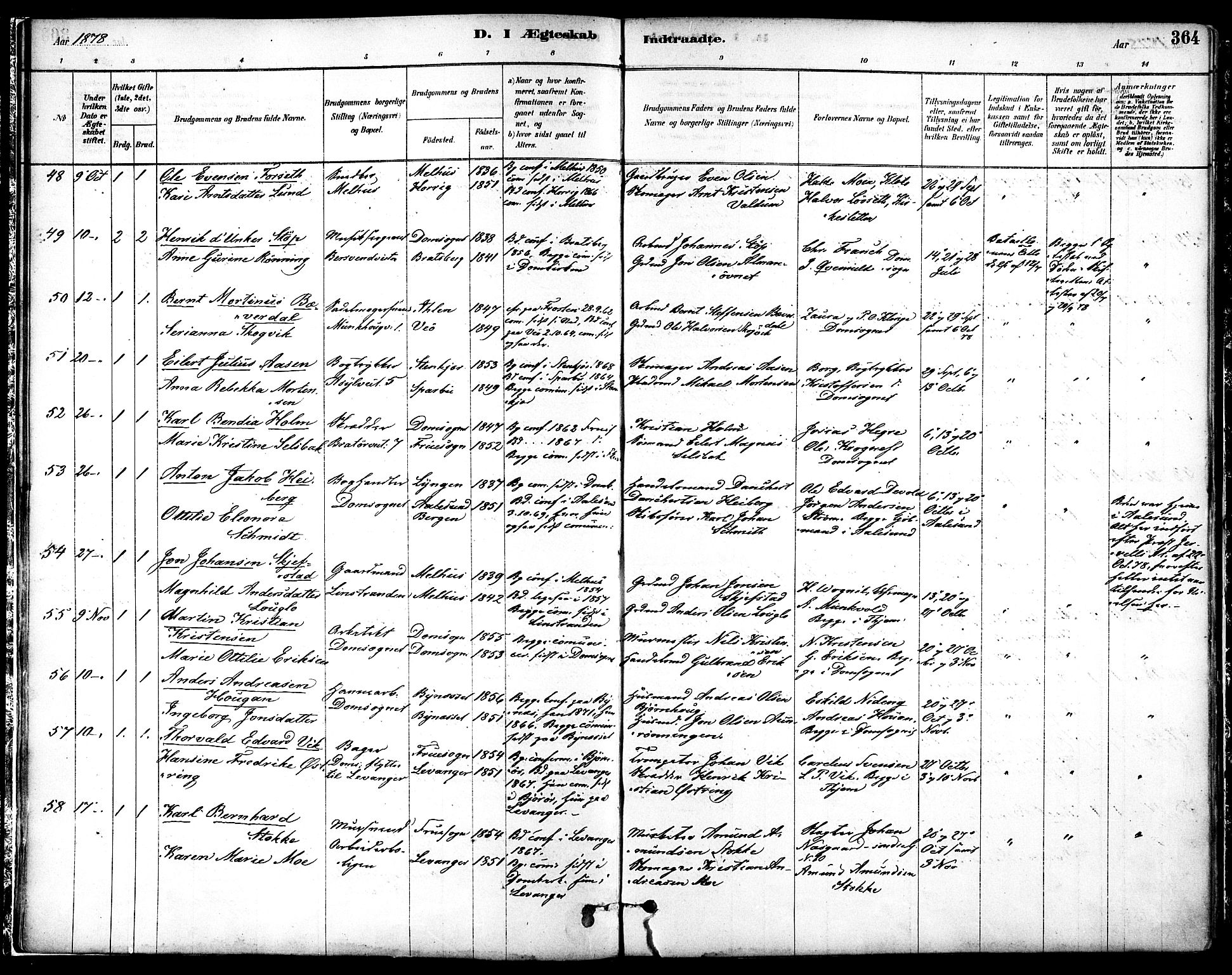 Ministerialprotokoller, klokkerbøker og fødselsregistre - Sør-Trøndelag, AV/SAT-A-1456/601/L0058: Parish register (official) no. 601A26, 1877-1891, p. 364