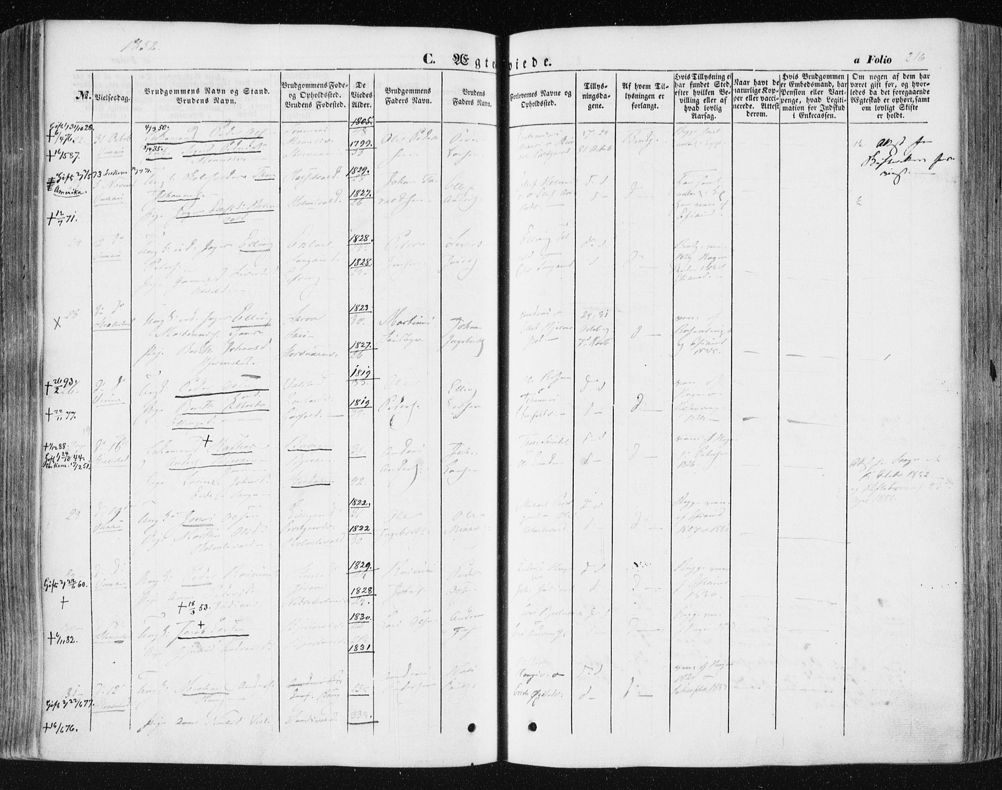 Ministerialprotokoller, klokkerbøker og fødselsregistre - Nord-Trøndelag, AV/SAT-A-1458/723/L0240: Parish register (official) no. 723A09, 1852-1860, p. 216