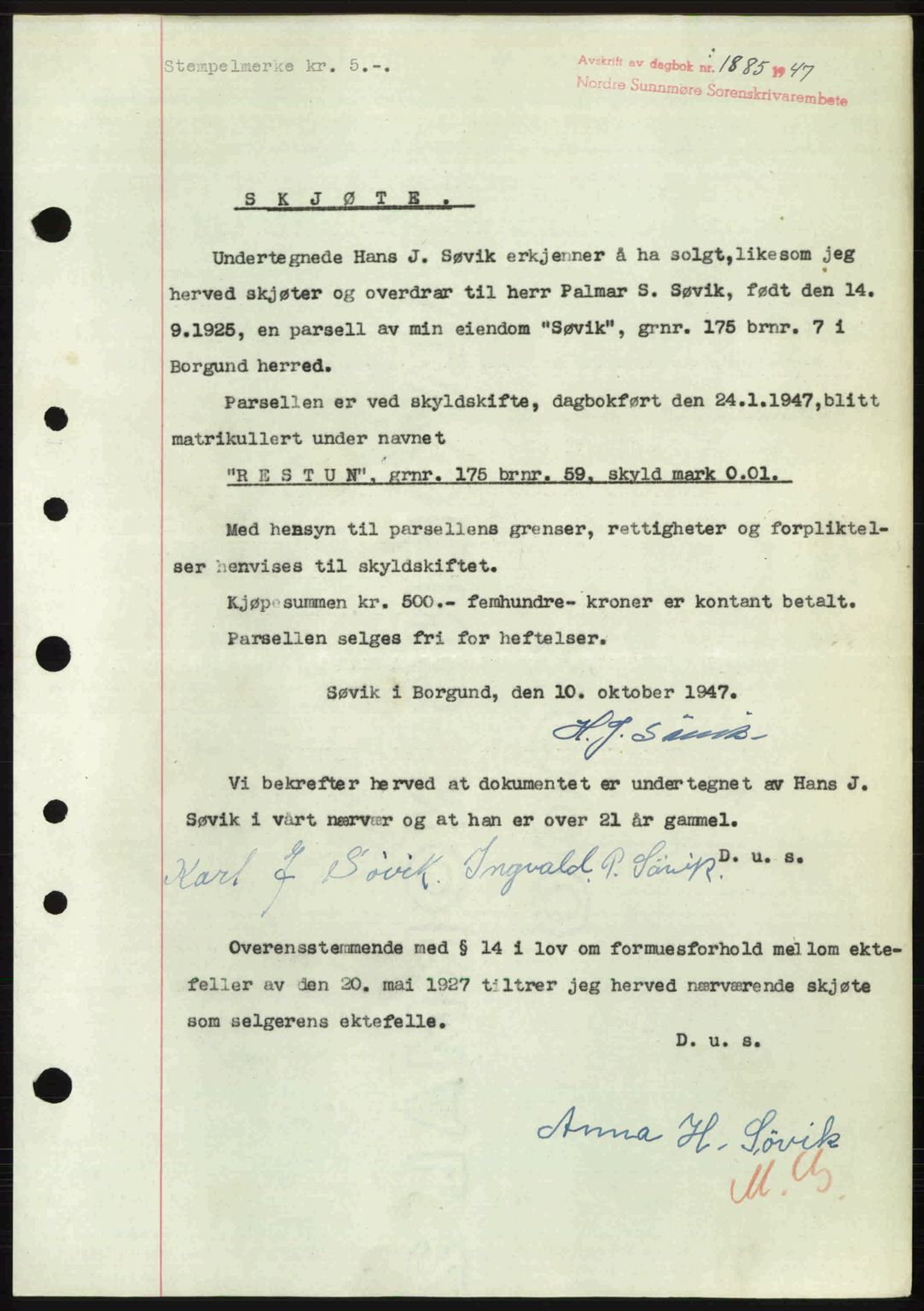 Nordre Sunnmøre sorenskriveri, AV/SAT-A-0006/1/2/2C/2Ca: Mortgage book no. A25, 1947-1947, Diary no: : 1885/1947