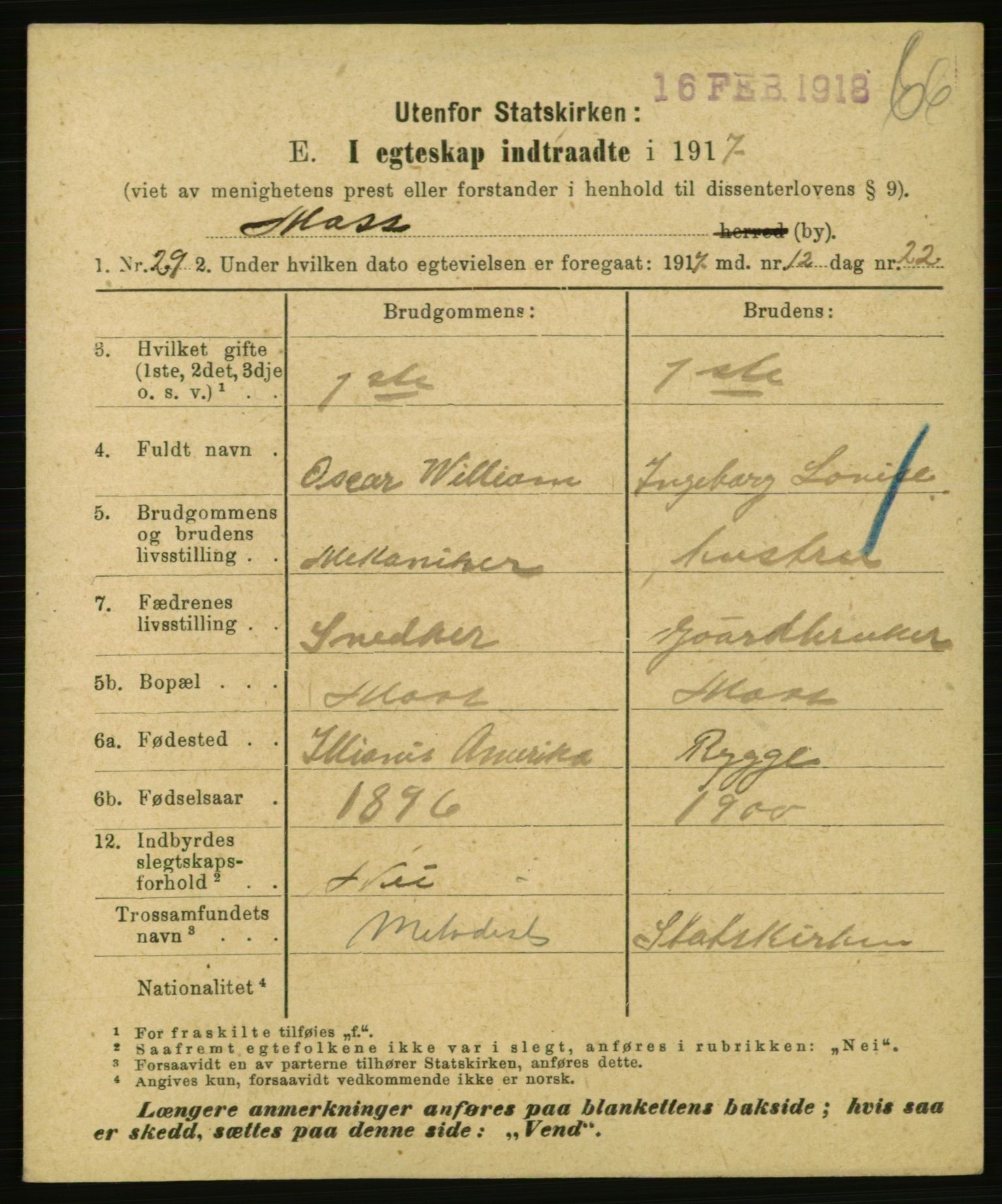 Statistisk sentralbyrå, Sosiodemografiske emner, Befolkning, AV/RA-S-2228/E/L0015: Fødte, gifte, døde dissentere., 1917, p. 1591