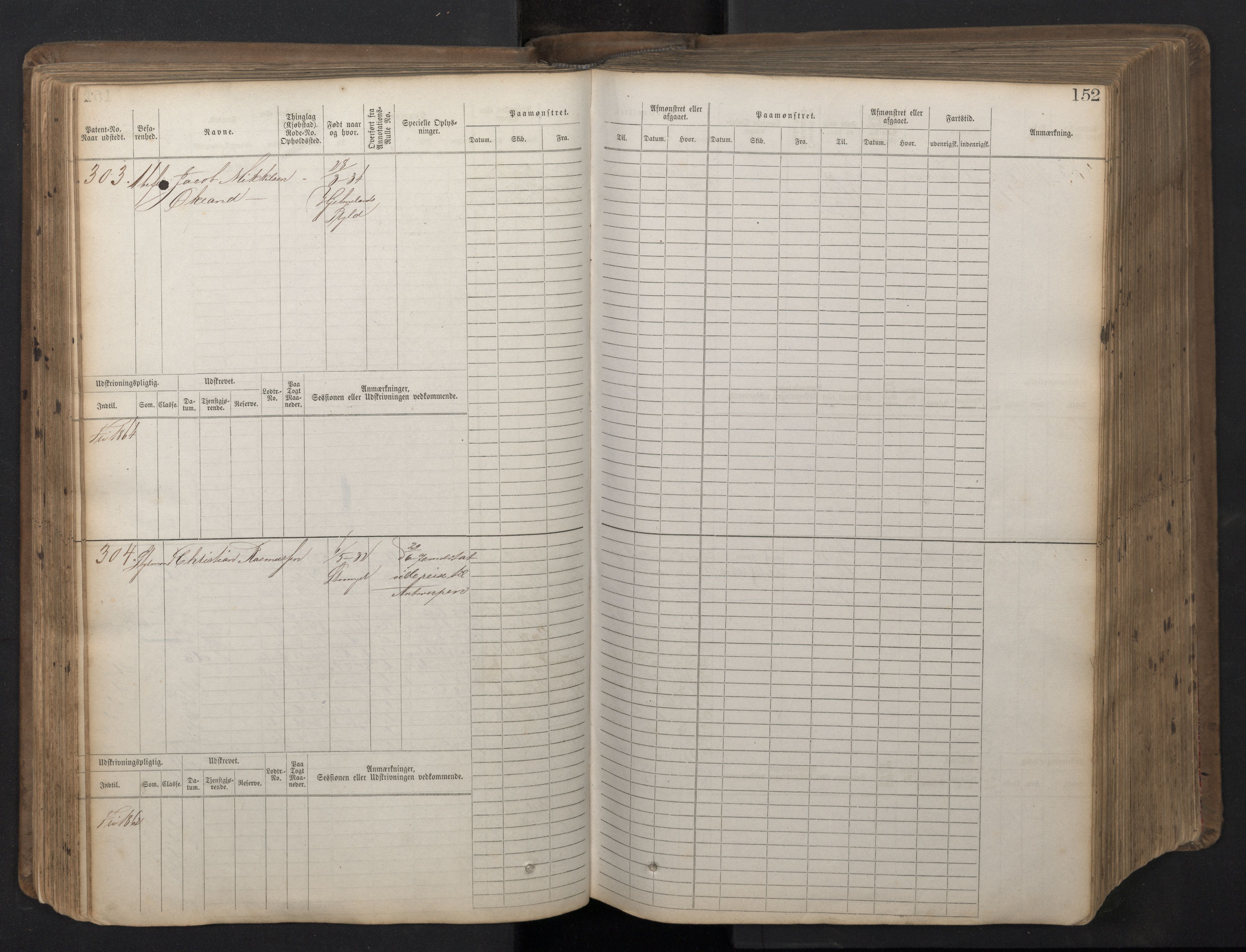 Stavanger sjømannskontor, SAST/A-102006/F/Fb/Fbb/L0016: Sjøfartshovedrulle patnentnr. 1-1202 (dublett), 1869, p. 152