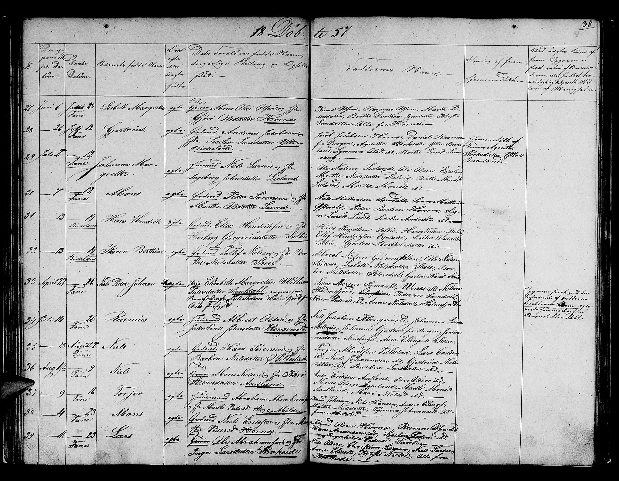 Fana Sokneprestembete, SAB/A-75101/H/Hab/Habb/L0002: Parish register (copy) no. B 2, 1851-1860, p. 38