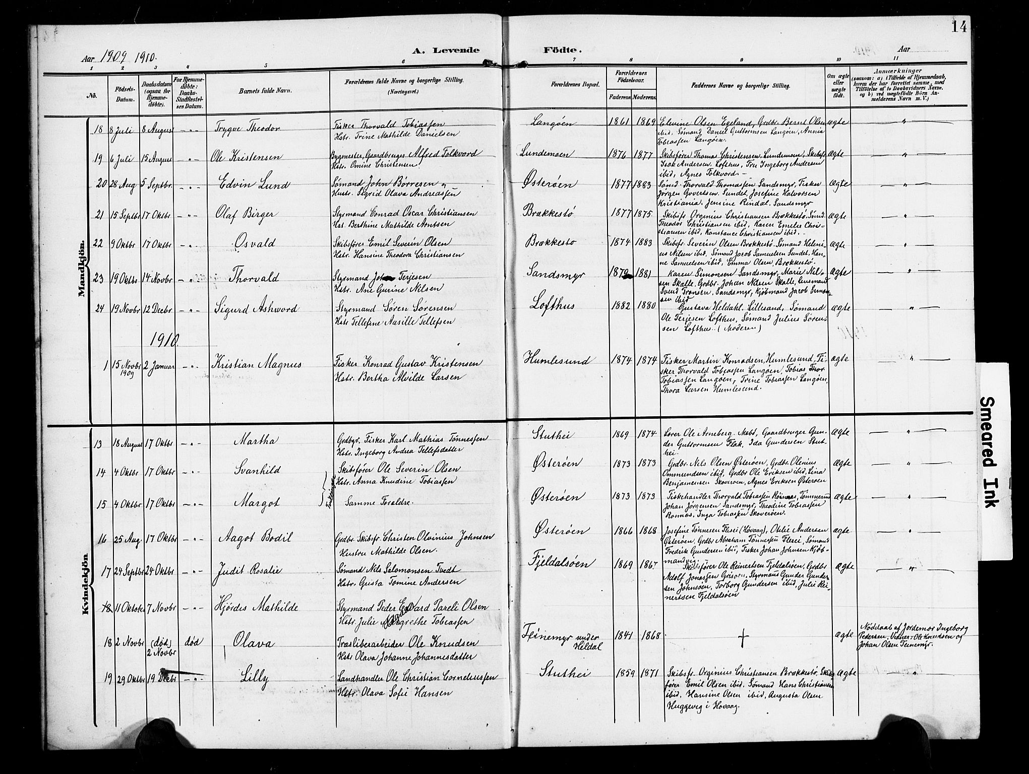 Vestre Moland sokneprestkontor, AV/SAK-1111-0046/F/Fb/Fbb/L0007: Parish register (copy) no. B 7, 1906-1929, p. 14