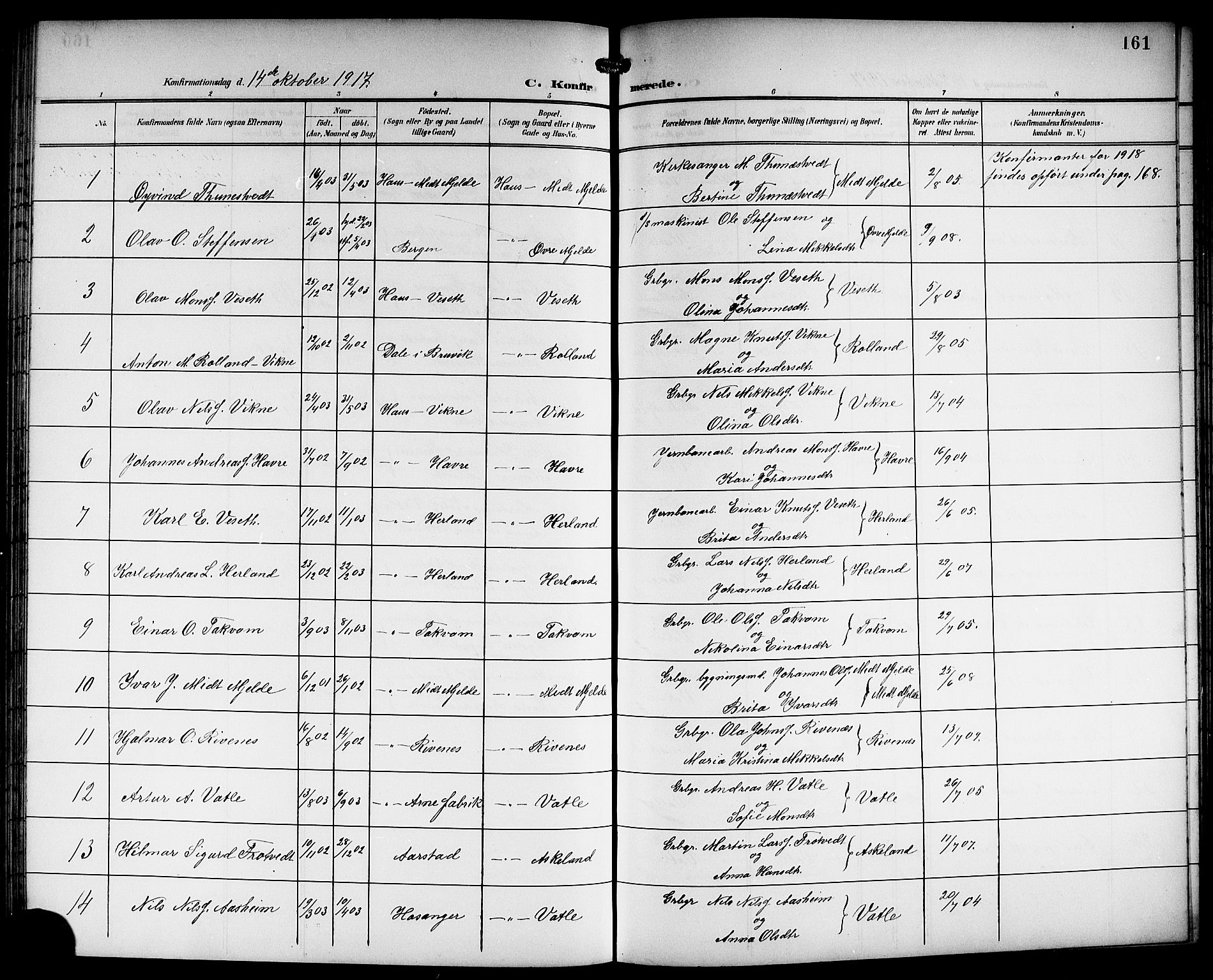 Haus sokneprestembete, SAB/A-75601/H/Hab: Parish register (copy) no. B 4, 1900-1921, p. 161