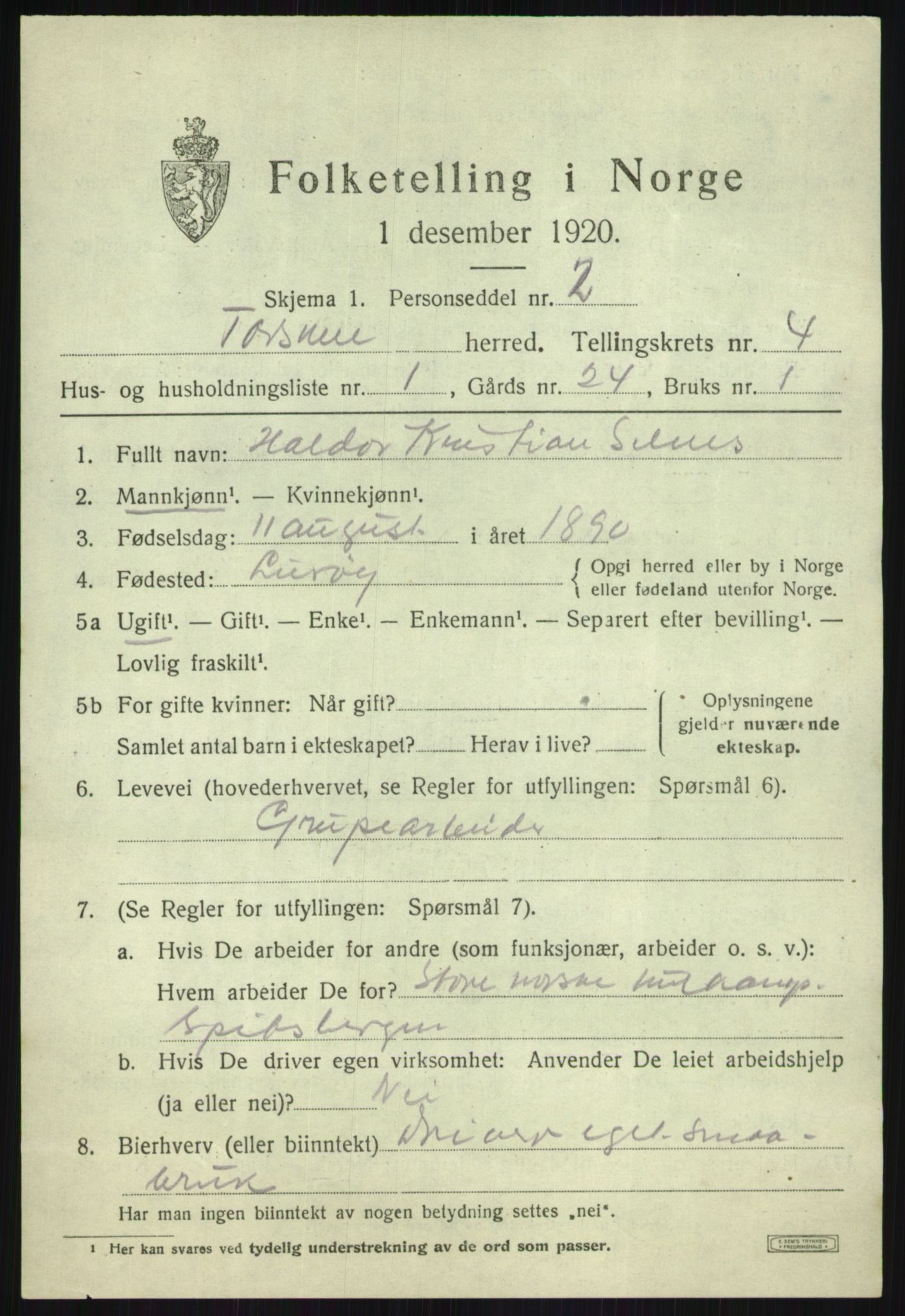 SATØ, 1920 census for Torsken, 1920, p. 1617