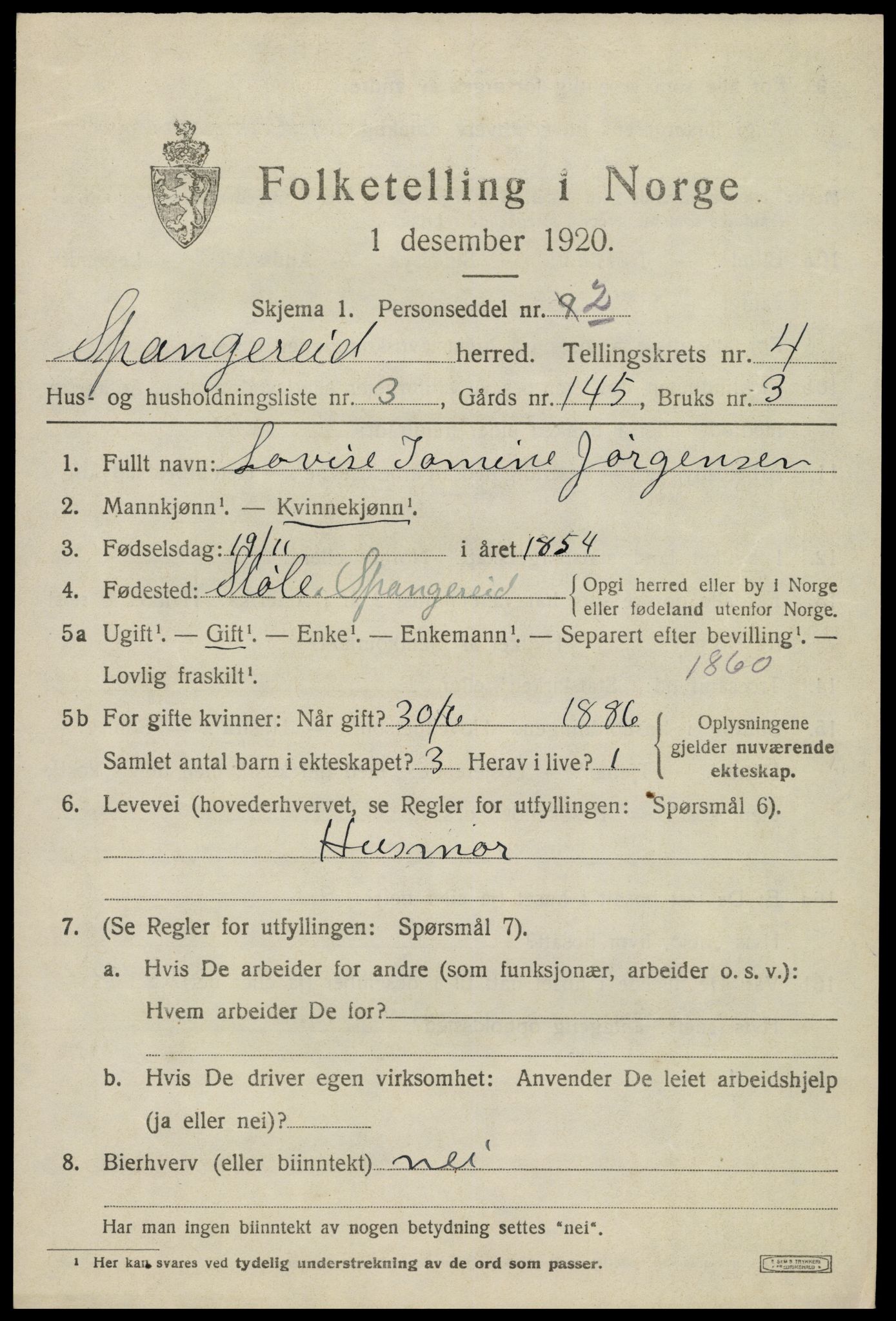 SAK, 1920 census for Spangereid, 1920, p. 1535