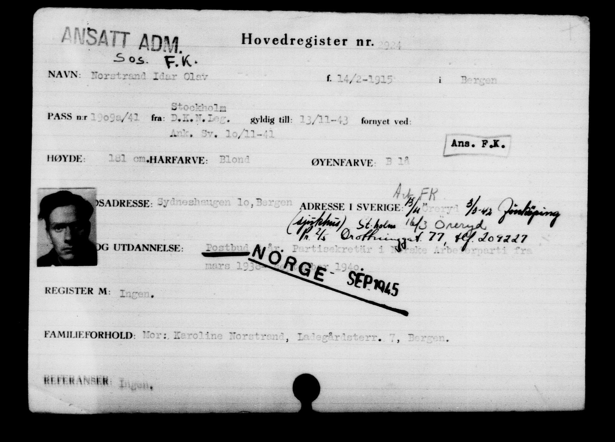 Utenriksstasjonene, Legasjonen i Stockholm, Flyktningkontoret, AV/RA-S-6753/V/Va/L0003: Kjesäterkartoteket, flyktninger med registreringsnr. 2001-3495, 1940-1945, p. 1328