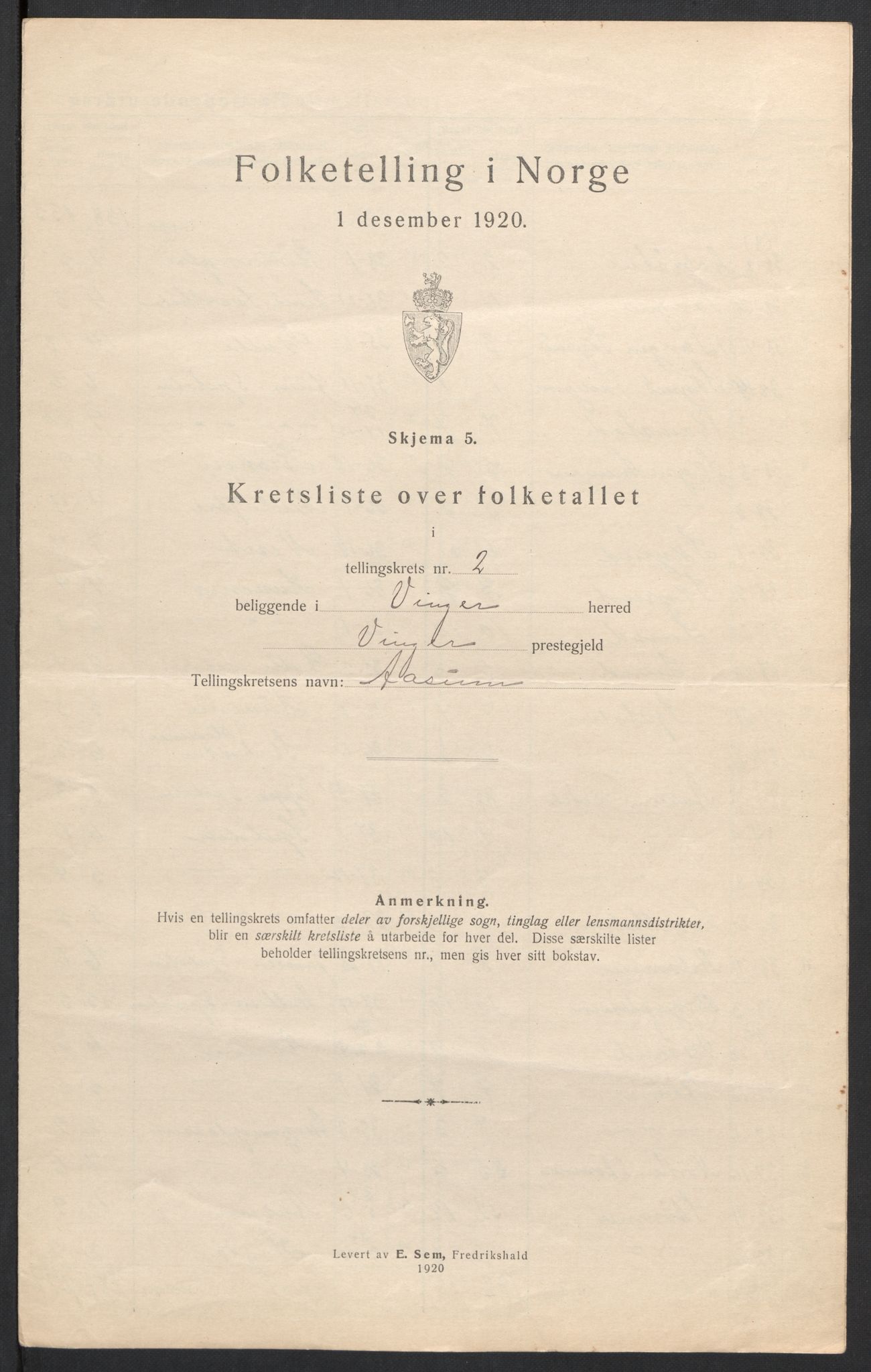 SAH, 1920 census for Vinger, 1920, p. 13