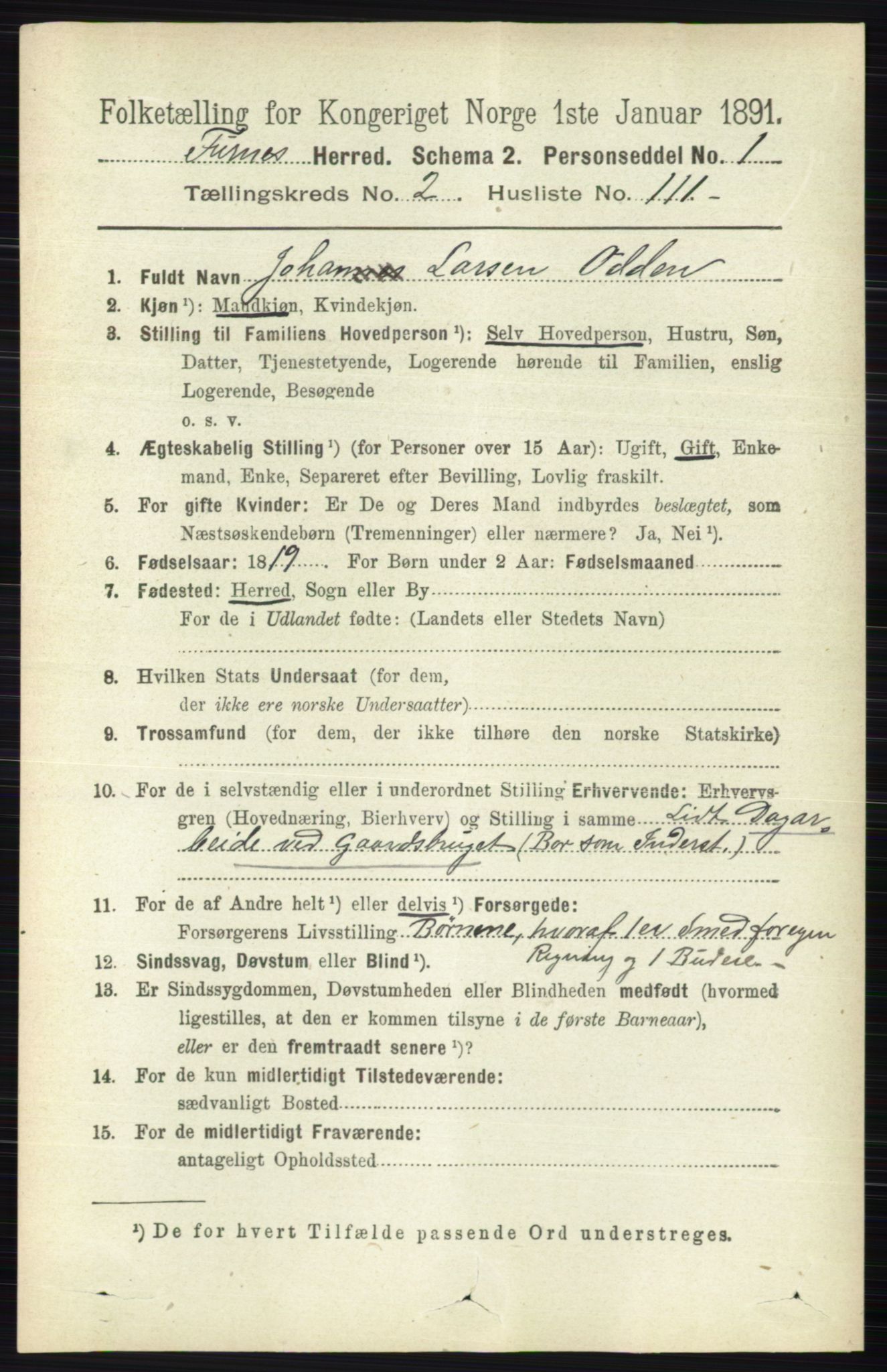 RA, Census 1891 for 0413 Furnes herred, 1891, p. 1481