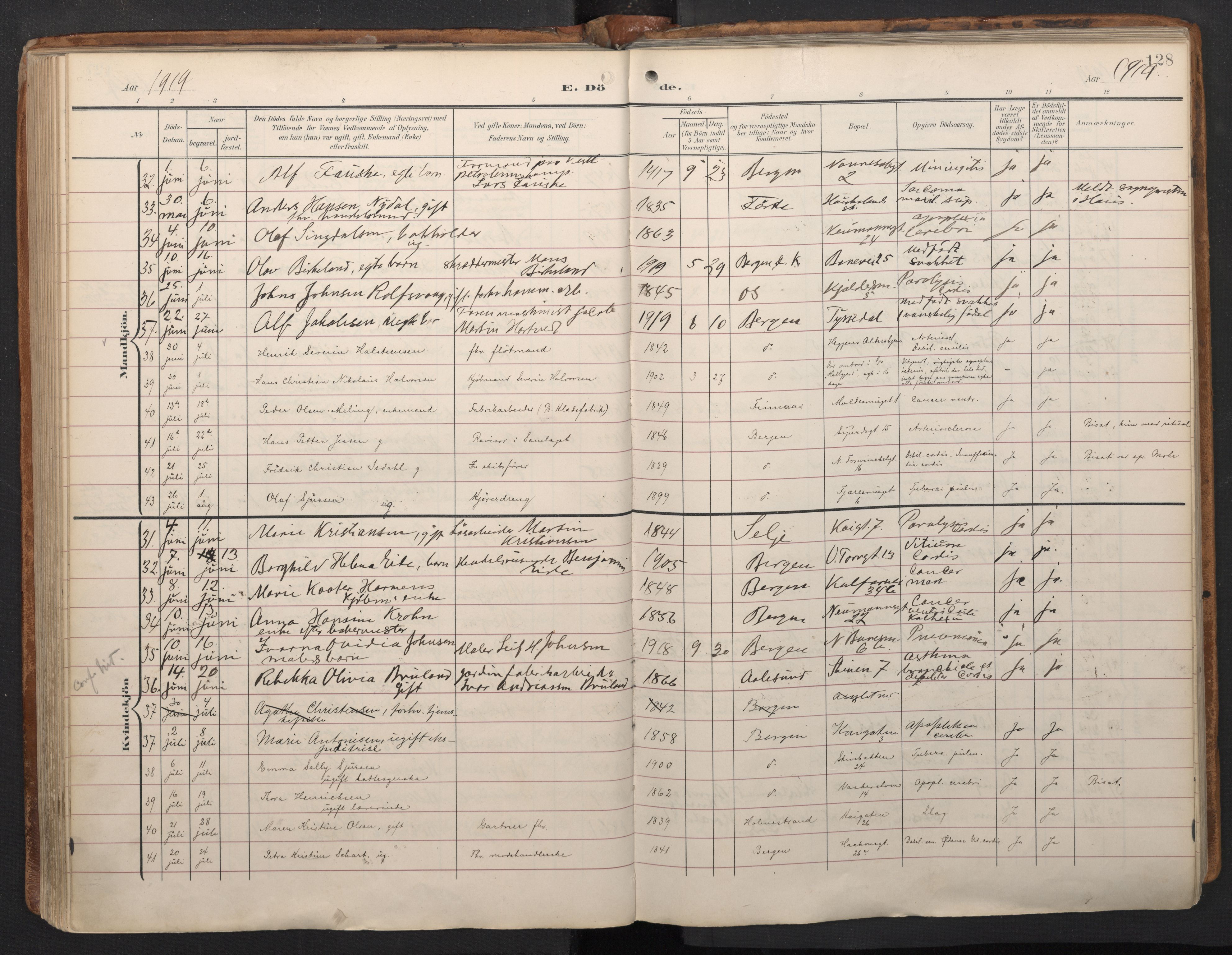 Domkirken sokneprestembete, SAB/A-74801/H/Haa/L0044: Parish register (official) no. E 6, 1904-1946, p. 127b-128a