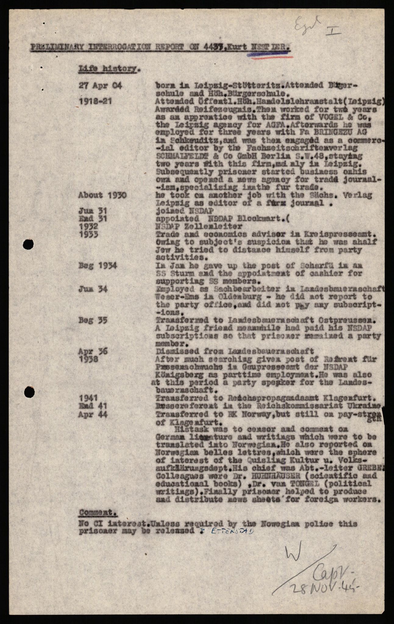 Forsvaret, Forsvarets overkommando II, AV/RA-RAFA-3915/D/Db/L0023: CI Questionaires. Tyske okkupasjonsstyrker i Norge. Tyskere., 1945-1946, p. 529