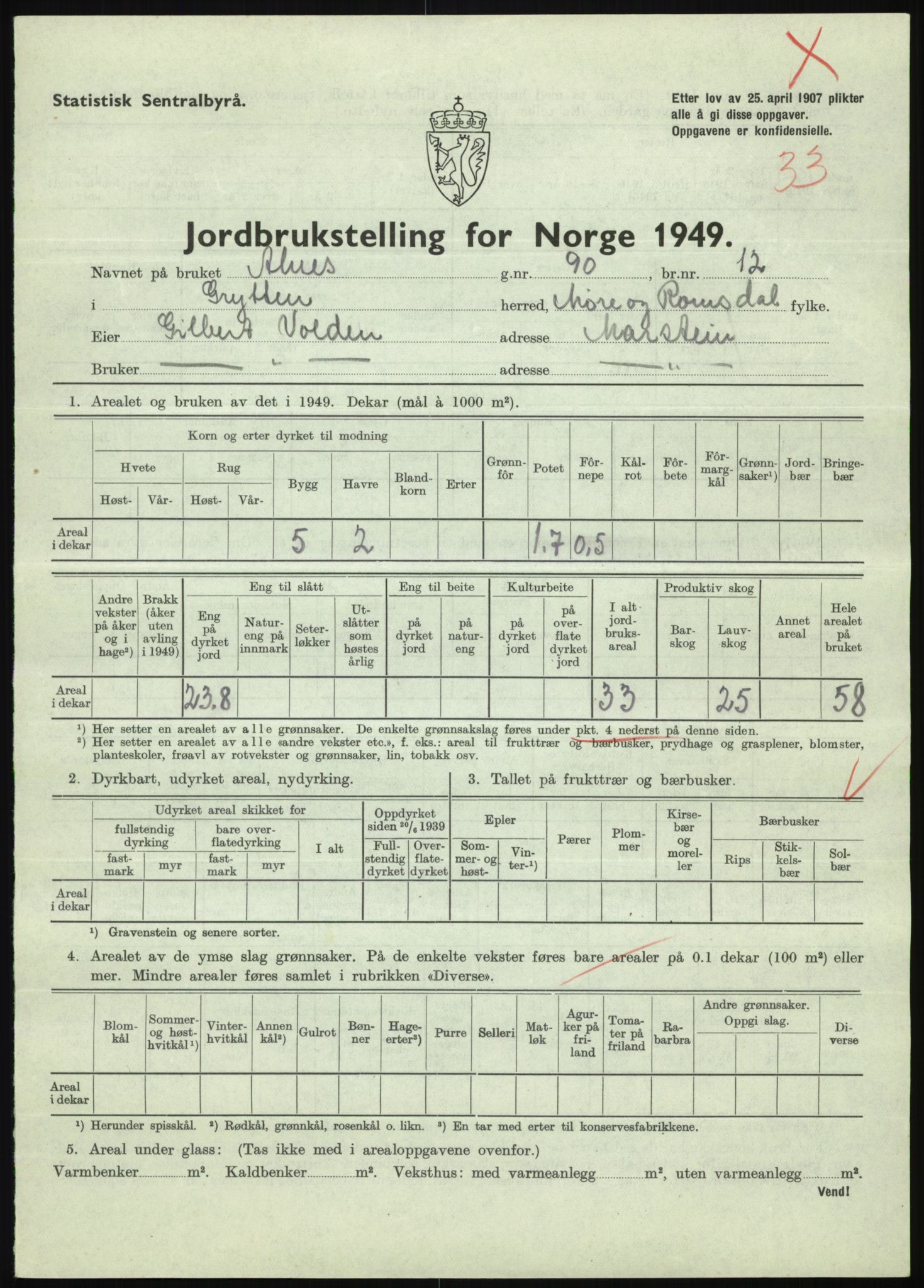 Statistisk sentralbyrå, Næringsøkonomiske emner, Jordbruk, skogbruk, jakt, fiske og fangst, AV/RA-S-2234/G/Gc/L0323: Møre og Romsdal: Grytten og Hen, 1949, p. 139