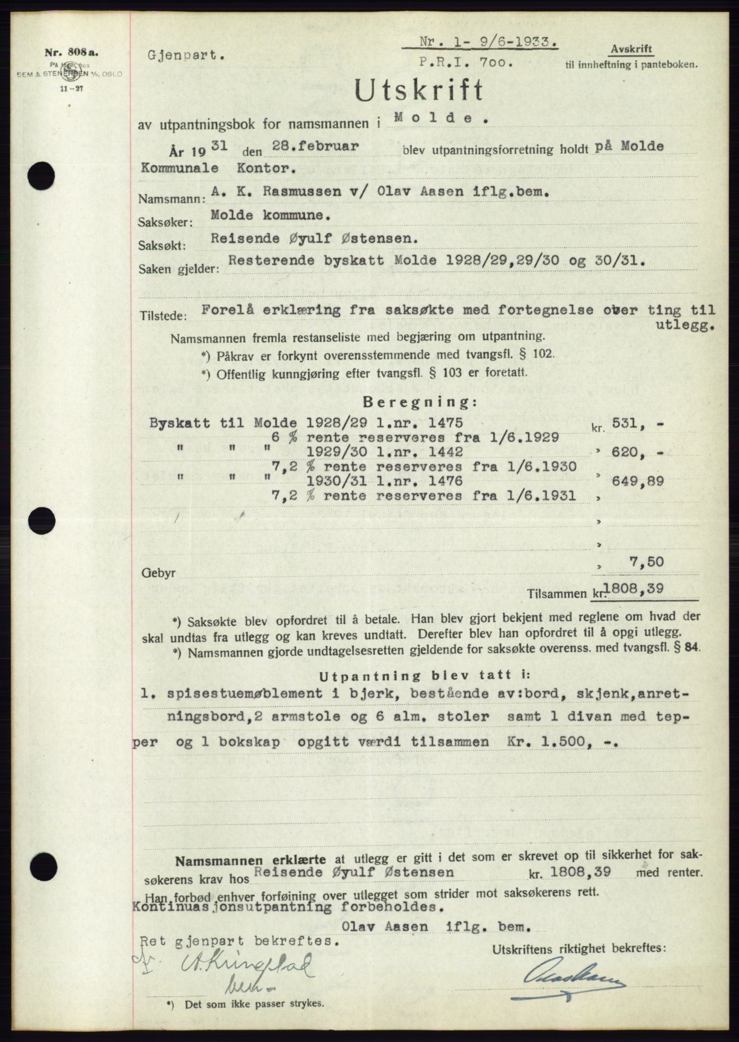 Ålesund byfogd, AV/SAT-A-4384: Mortgage book no. 30, 1932-1933, Deed date: 09.06.1933