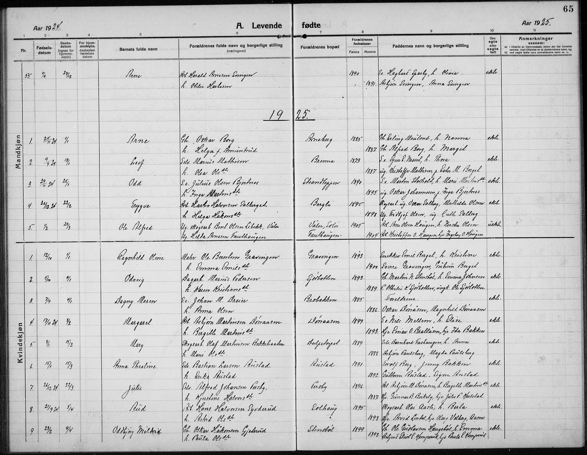 Hof prestekontor, SAH/PREST-038/H/Ha/Hab/L0002: Parish register (copy) no. 2, 1915-1934, p. 65