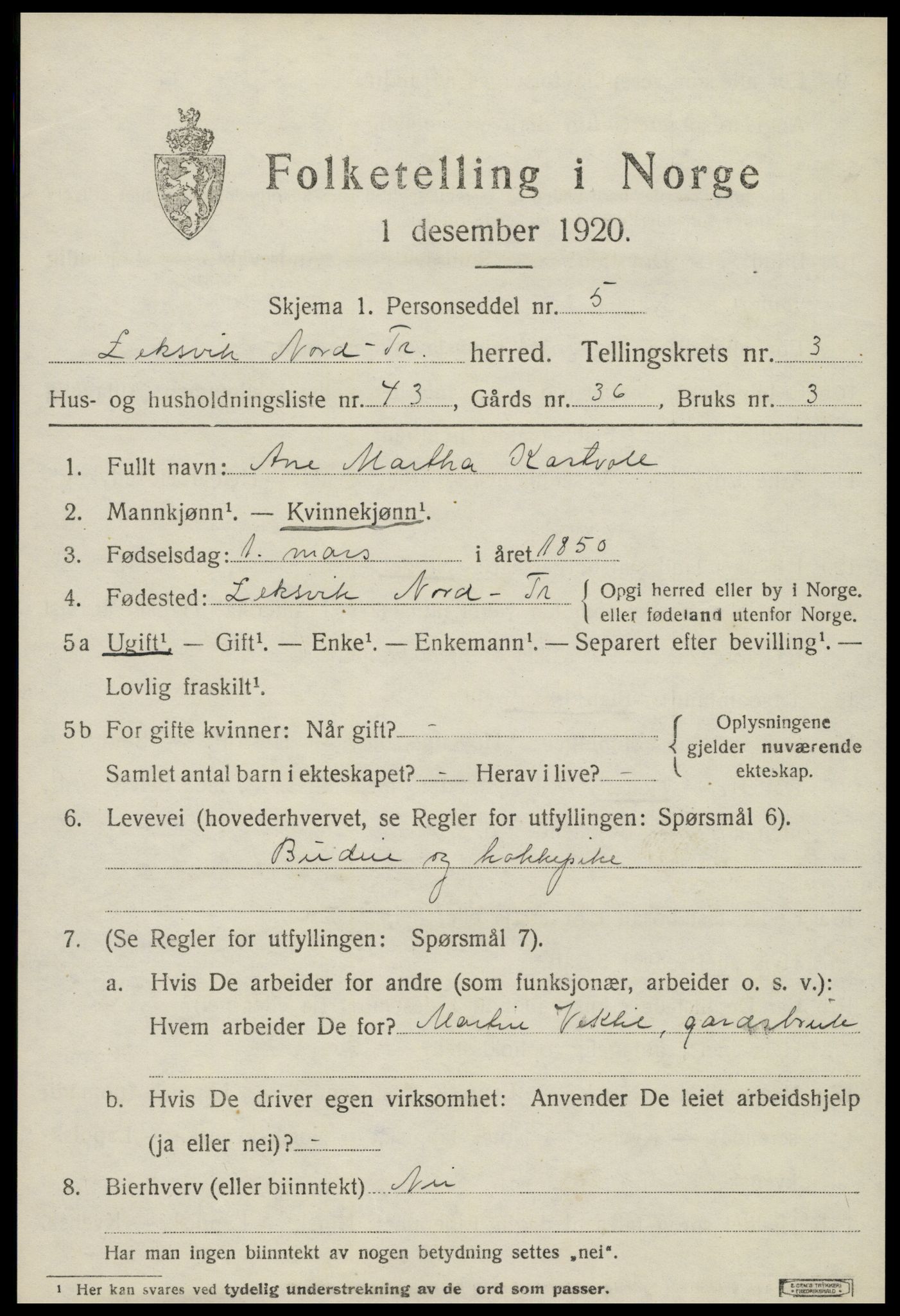 SAT, 1920 census for Leksvik, 1920, p. 3382