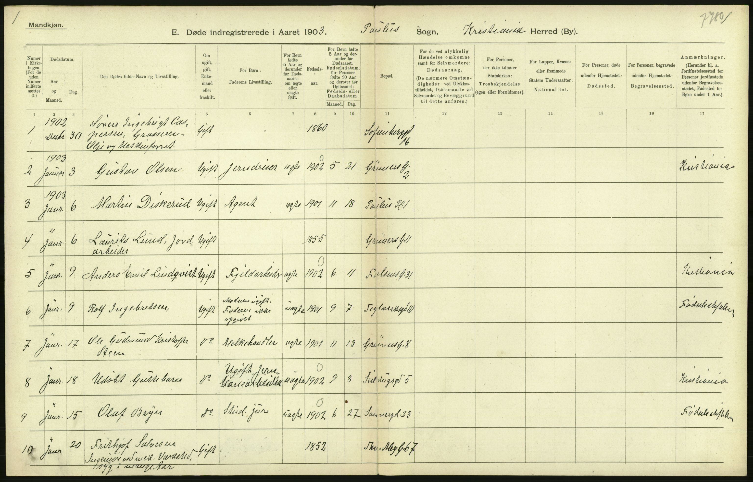 Statistisk sentralbyrå, Sosiodemografiske emner, Befolkning, AV/RA-S-2228/D/Df/Dfa/Dfaa/L0004: Kristiania: Gifte, døde, 1903, p. 300