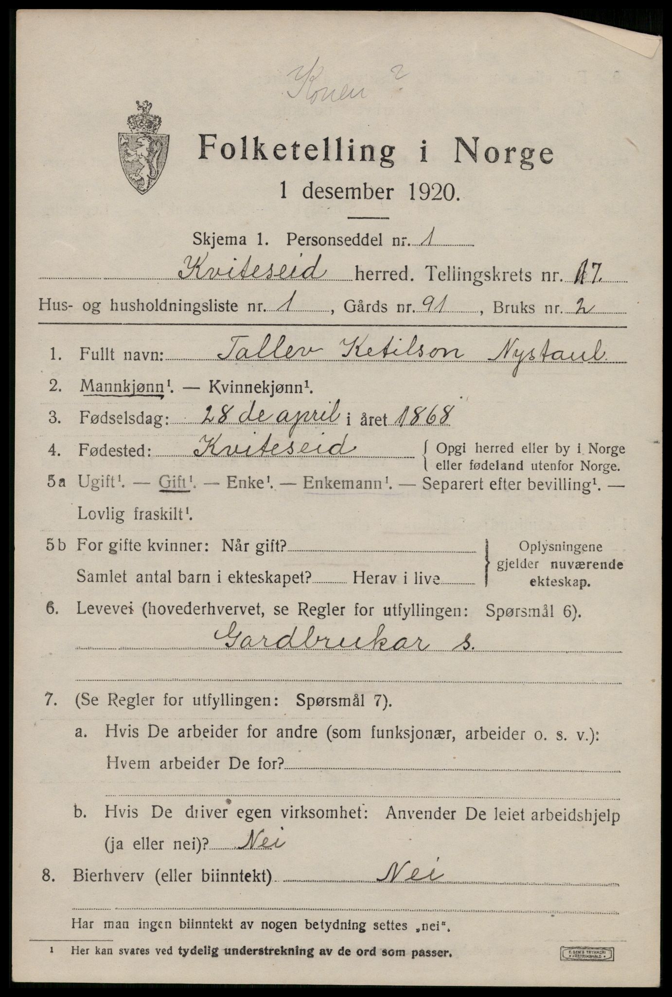 SAKO, 1920 census for Kviteseid, 1920, p. 7733