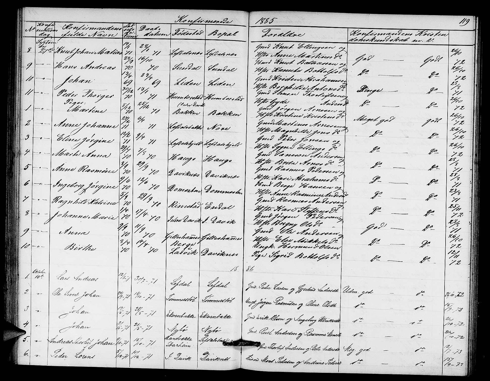 Davik sokneprestembete, AV/SAB-A-79701/H/Hab/Haba/L0001: Parish register (copy) no. A 1, 1866-1889, p. 119