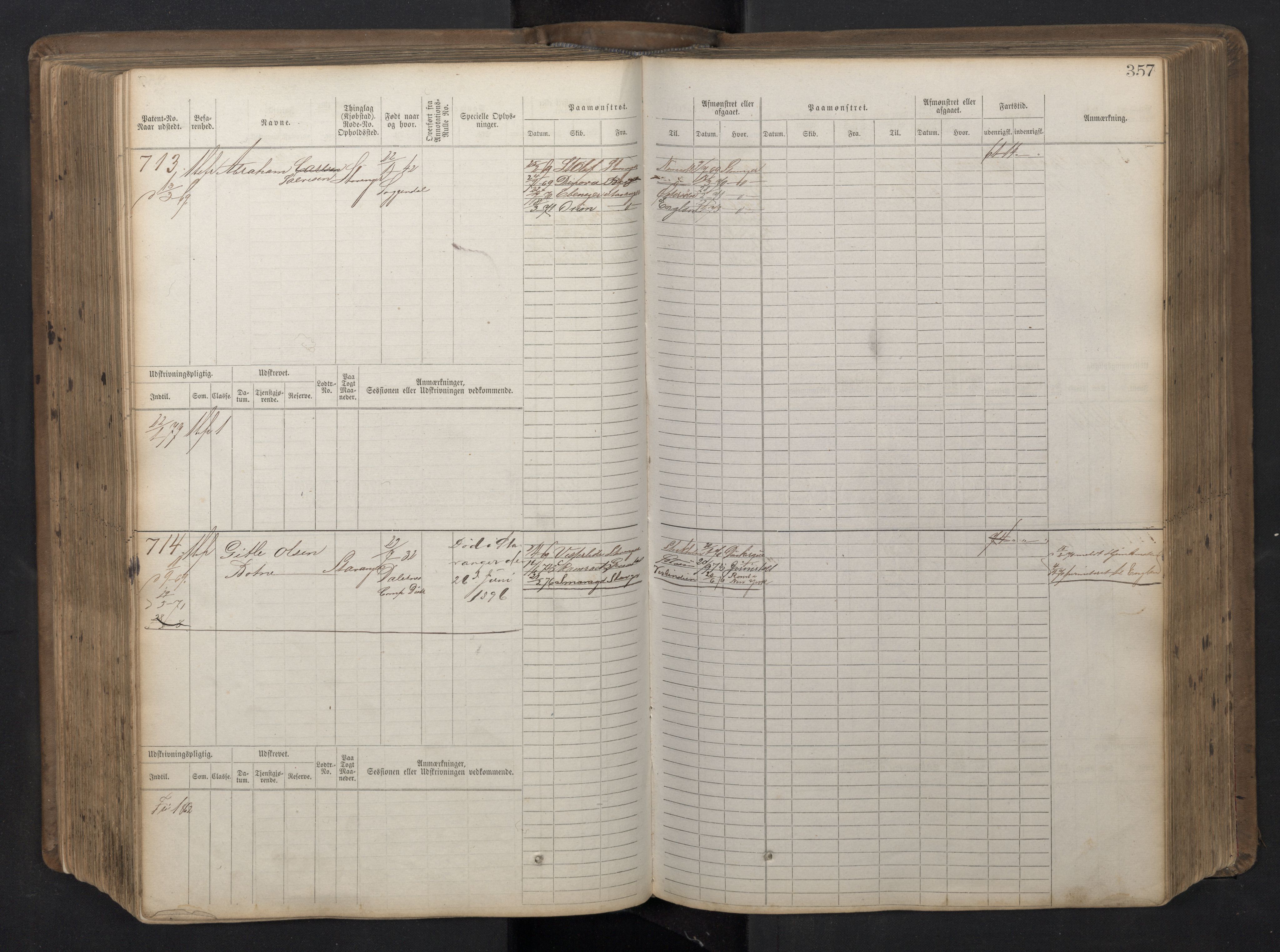 Stavanger sjømannskontor, AV/SAST-A-102006/F/Fb/Fbb/L0016: Sjøfartshovedrulle patnentnr. 1-1202 (dublett), 1869, p. 357