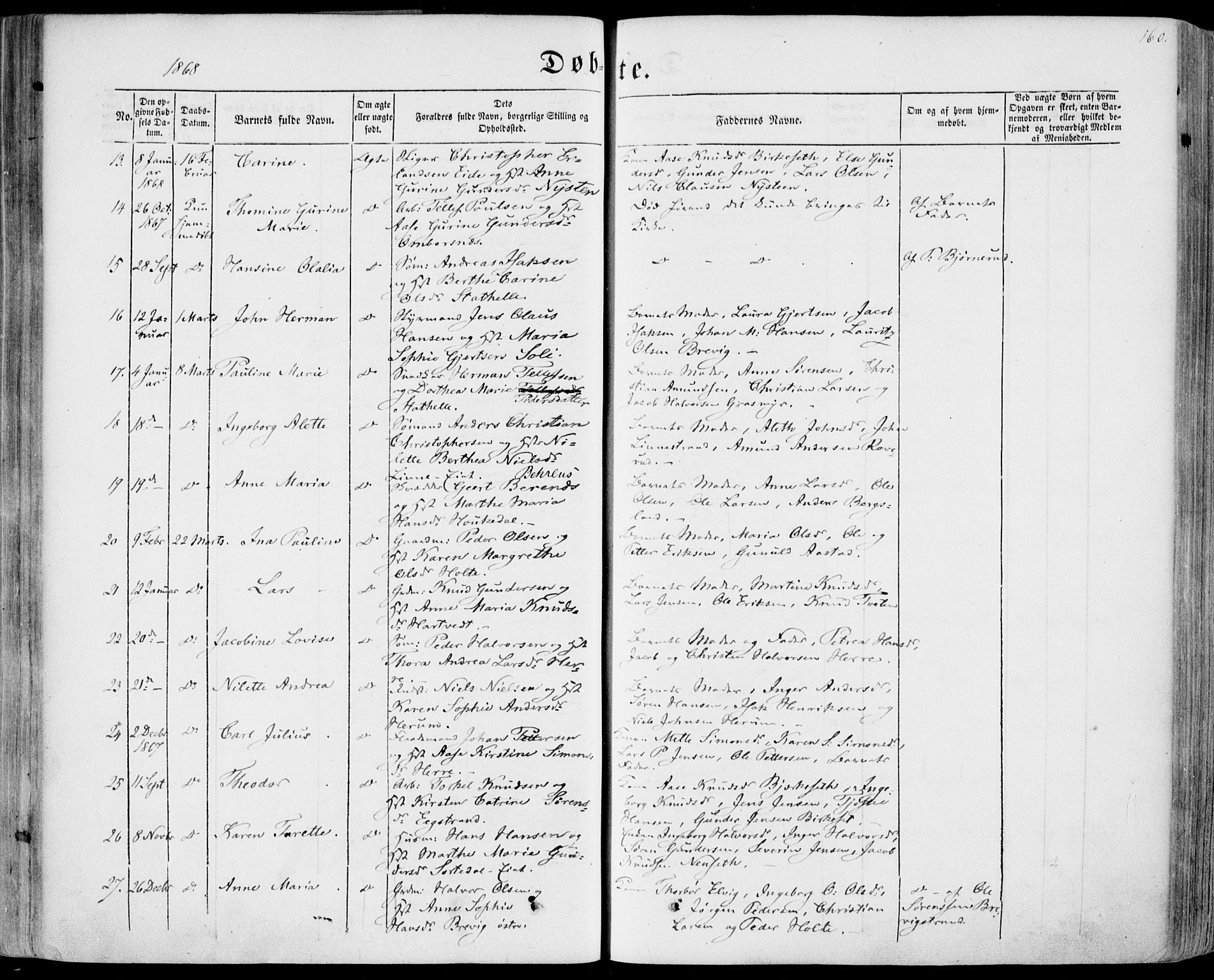 Bamble kirkebøker, SAKO/A-253/F/Fa/L0005: Parish register (official) no. I 5, 1854-1869, p. 160