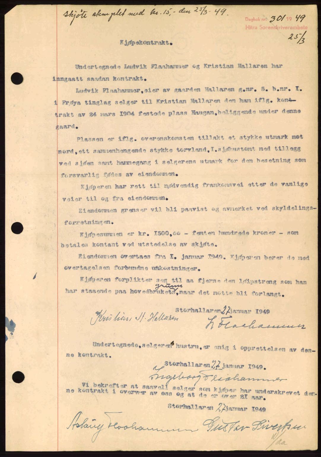 Hitra sorenskriveri, AV/SAT-A-0018/2/2C/2Ca: Mortgage book no. B1, 1939-1949, Diary no: : 301/1949