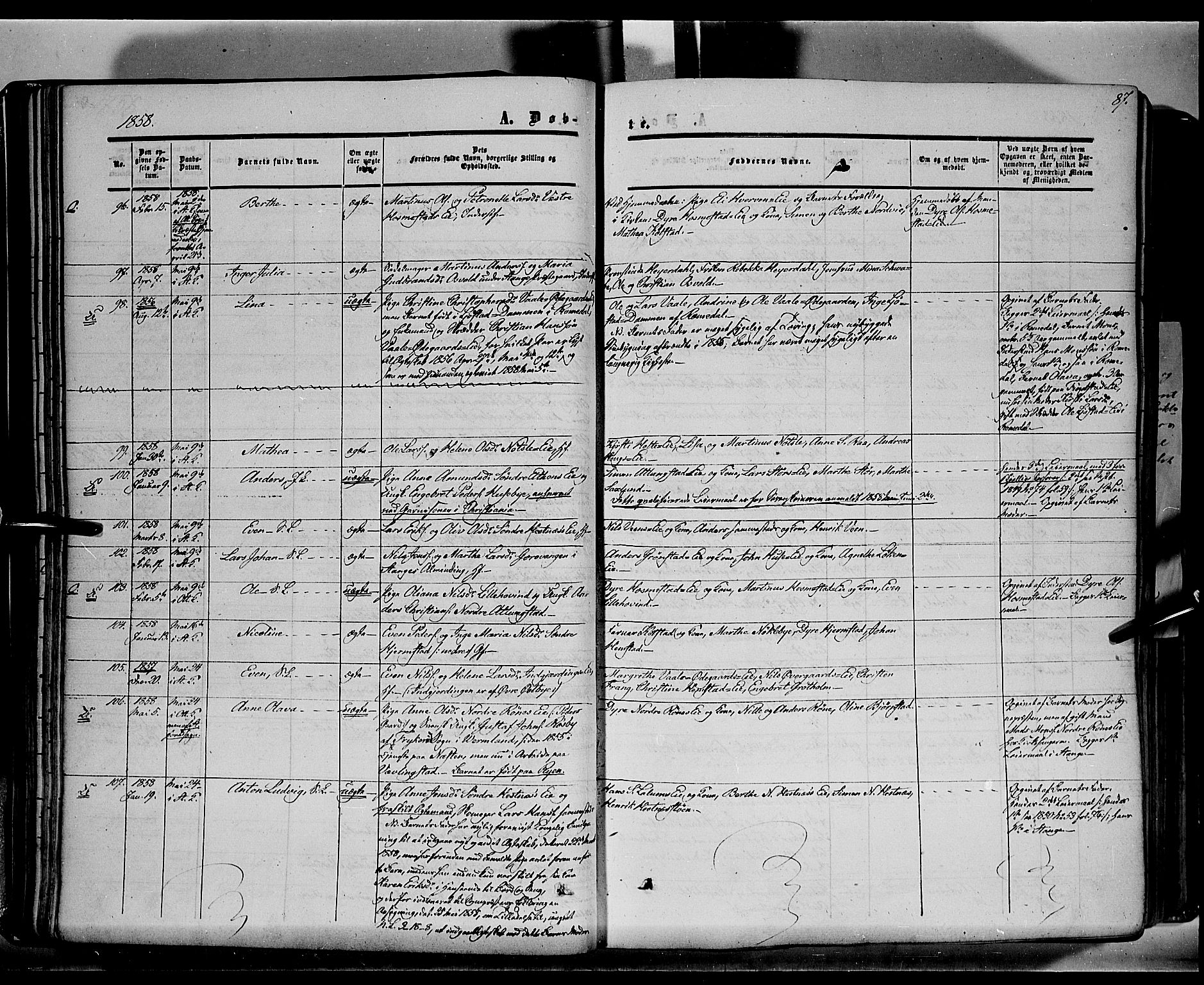 Stange prestekontor, SAH/PREST-002/K/L0012: Parish register (official) no. 12, 1852-1862, p. 87