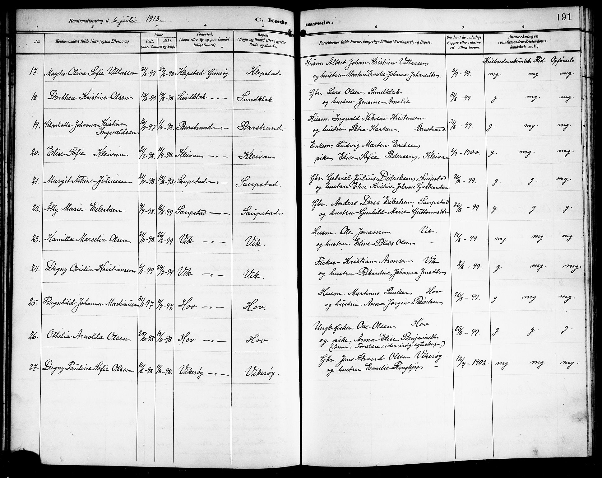 Ministerialprotokoller, klokkerbøker og fødselsregistre - Nordland, AV/SAT-A-1459/876/L1105: Parish register (copy) no. 876C04, 1896-1914, p. 191