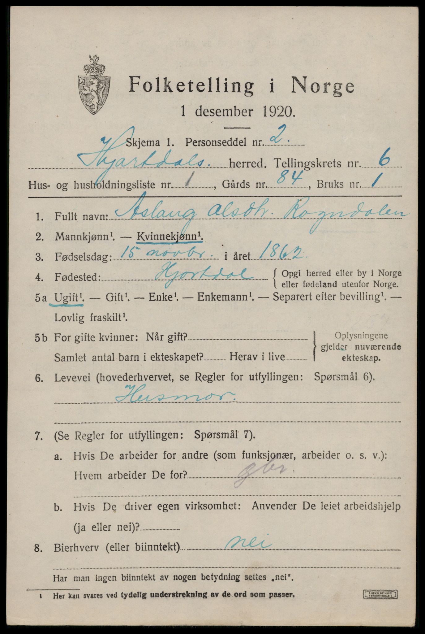 SAKO, 1920 census for Hjartdal, 1920, p. 4024