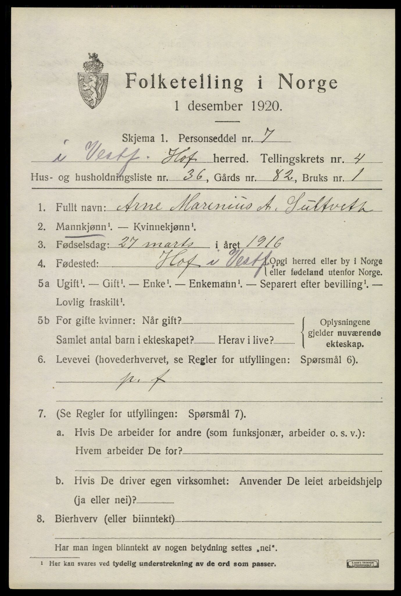 SAKO, 1920 census for Hof, 1920, p. 5237