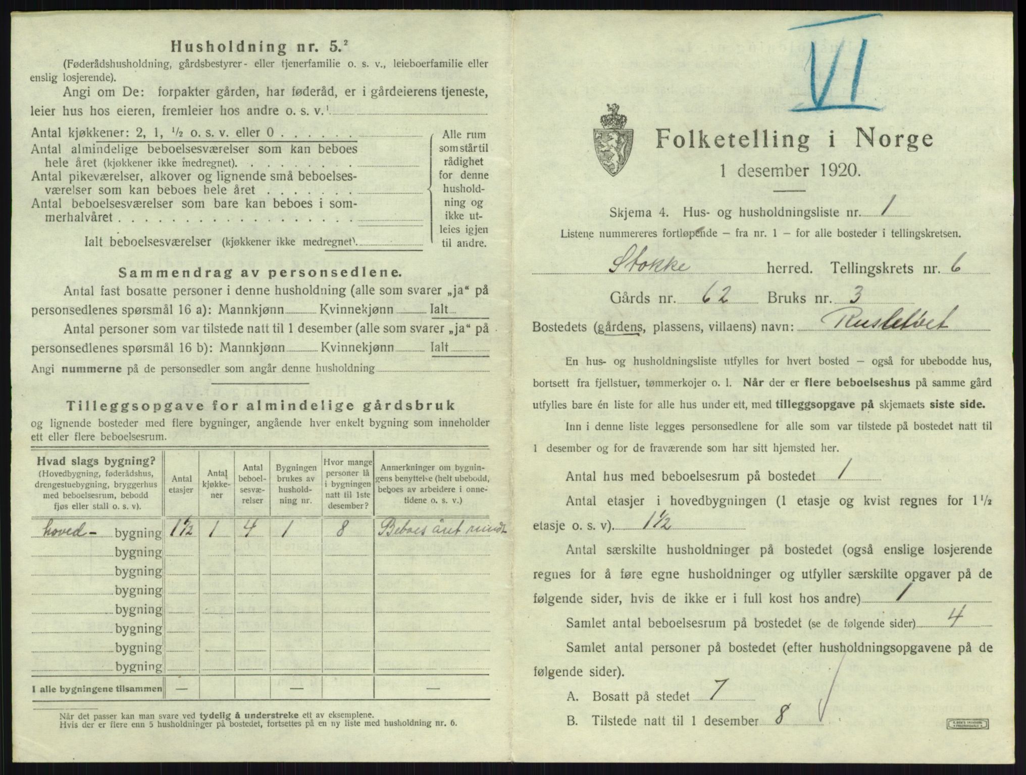 SAKO, 1920 census for Stokke, 1920, p. 1100