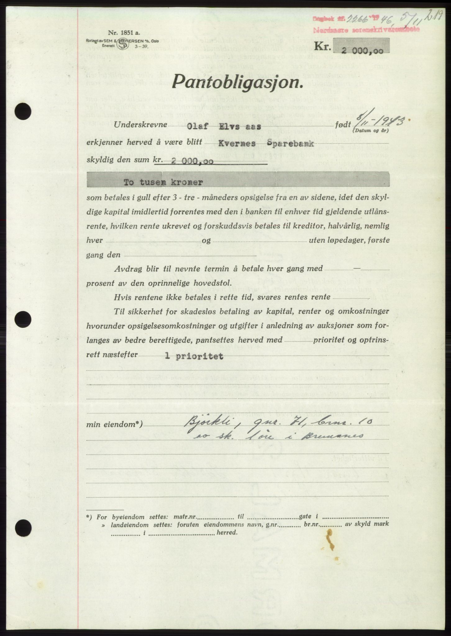 Nordmøre sorenskriveri, AV/SAT-A-4132/1/2/2Ca: Mortgage book no. B95, 1946-1947, Diary no: : 2266/1946