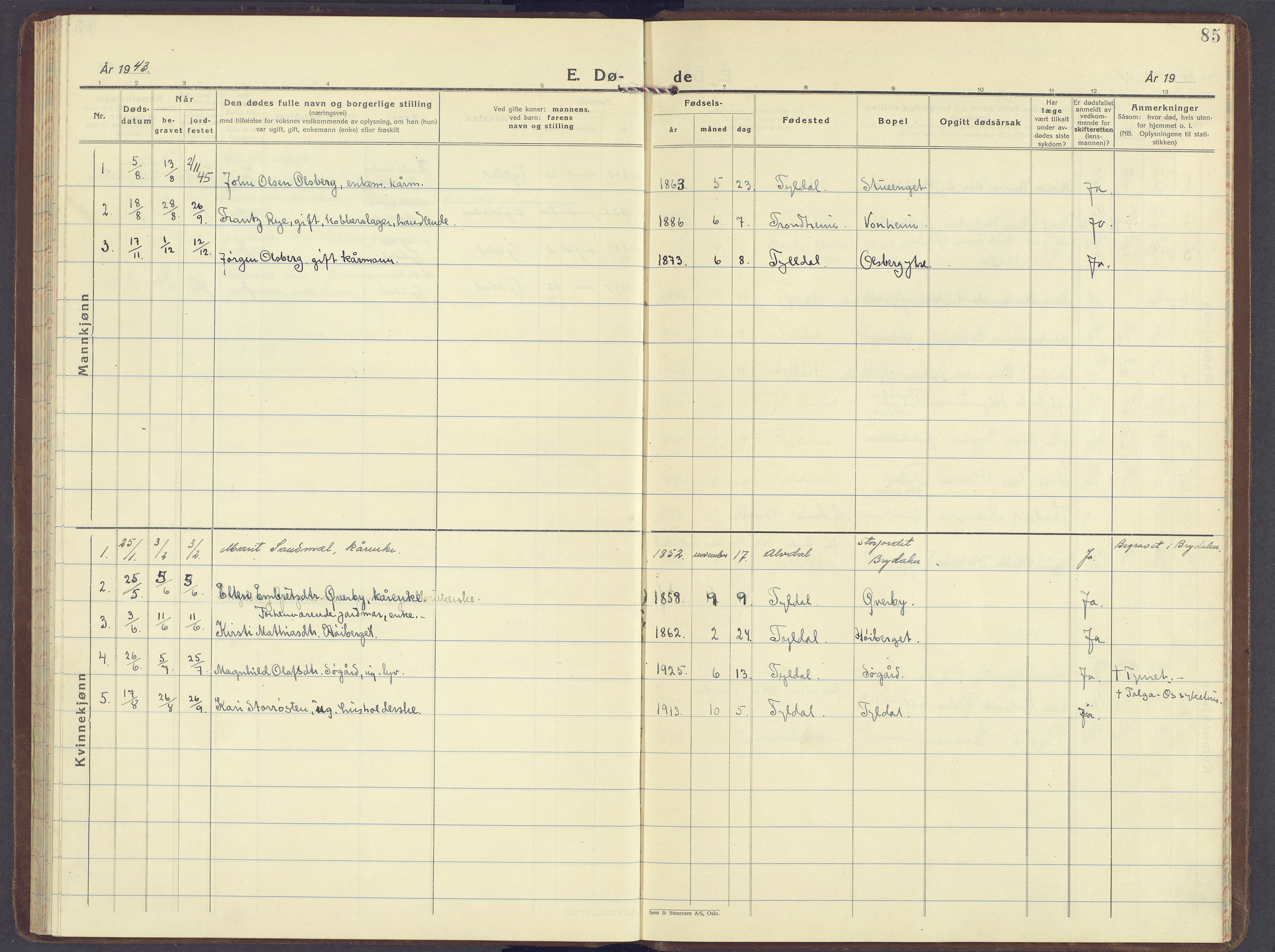 Tynset prestekontor, SAH/PREST-058/H/Ha/Haa/L0029: Parish register (official) no. 29, 1930-1946, p. 85