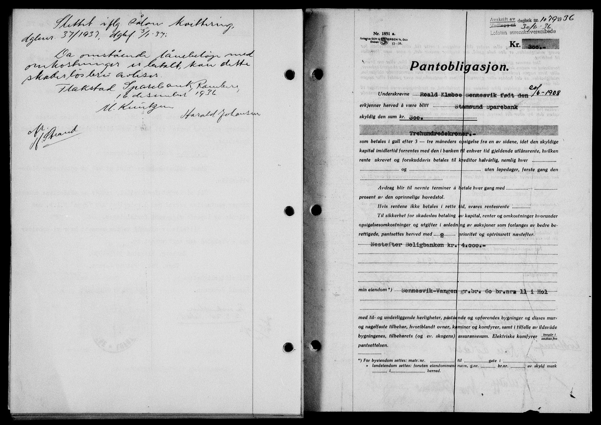 Lofoten sorenskriveri, SAT/A-0017/1/2/2C/L0033b: Mortgage book no. 33b, 1936-1936, Diary no: : 1079/1936