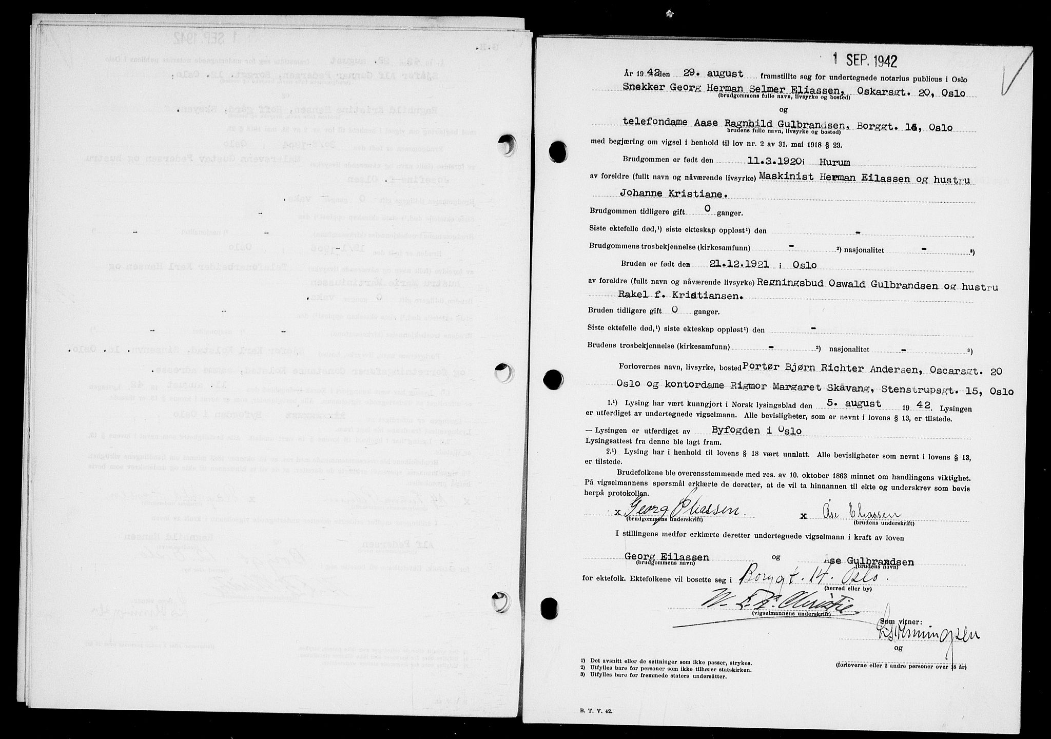 Oslo byfogd avd. I, AV/SAO-A-10220/L/Lb/Lbb/L0041: Notarialprotokoll, rekke II: Vigsler, 1942