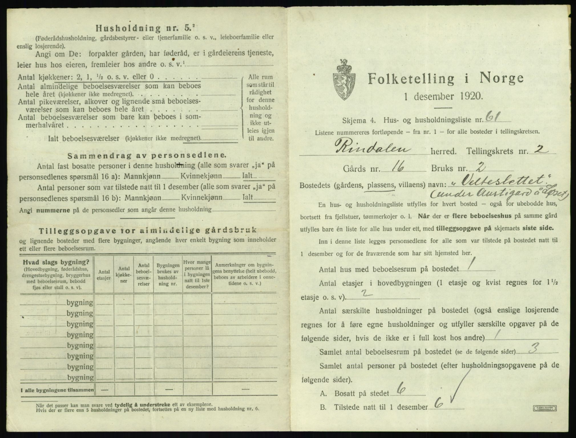 SAT, 1920 census for Rindal, 1920, p. 184