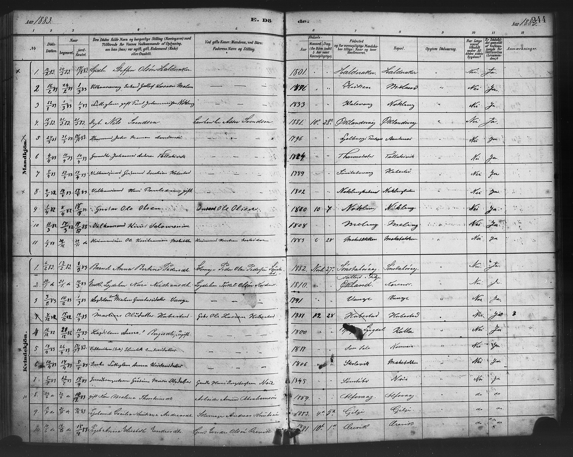 Finnås sokneprestembete, SAB/A-99925/H/Ha/Haa/Haac/L0001: Parish register (official) no. C 1, 1881-1894, p. 244