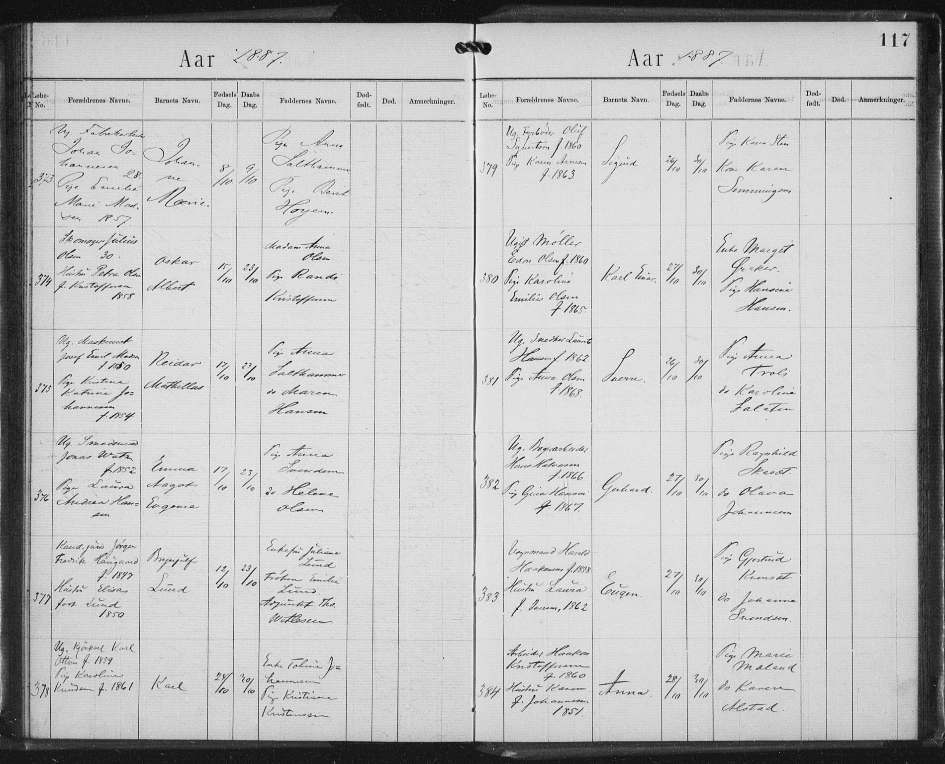 Rikshospitalet prestekontor Kirkebøker, AV/SAO-A-10309b/K/L0003/0002: Baptism register no. 3.2, 1884-1889, p. 117