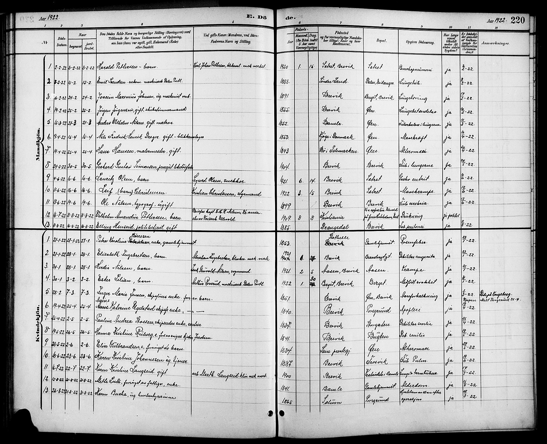 Brevik kirkebøker, SAKO/A-255/G/Ga/L0005: Parish register (copy) no. 5, 1901-1924, p. 220