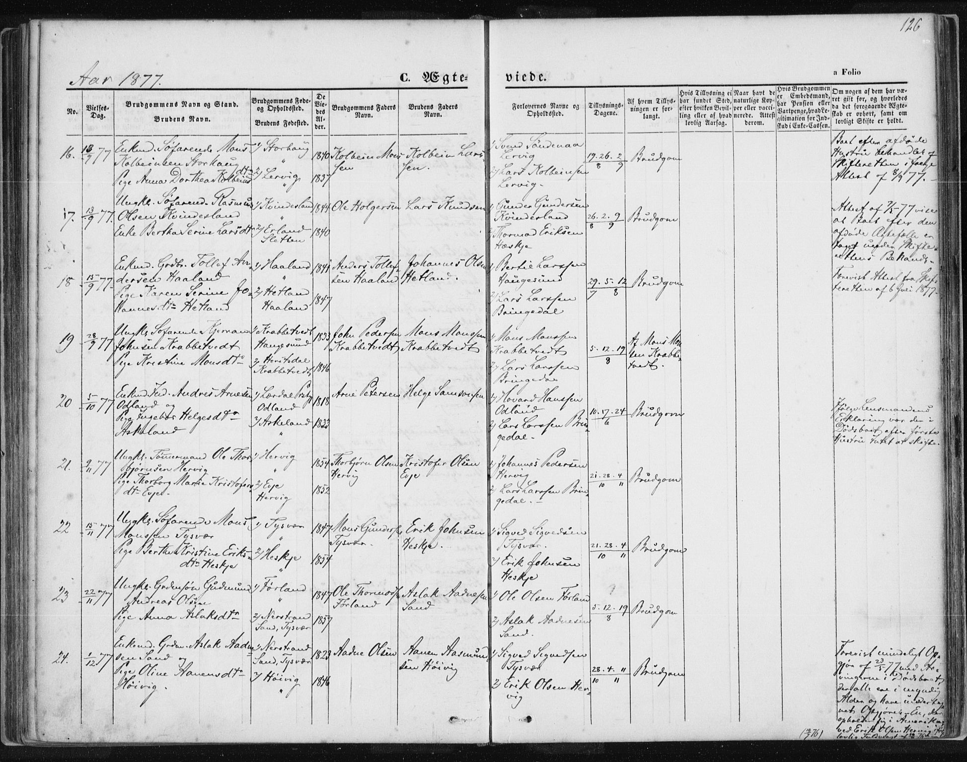 Tysvær sokneprestkontor, AV/SAST-A -101864/H/Ha/Haa/L0005: Parish register (official) no. A 5, 1865-1878, p. 126